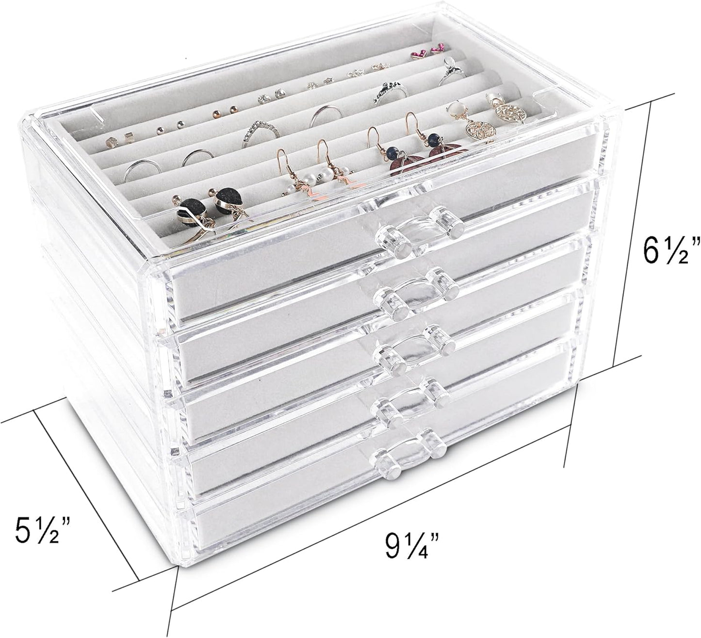 Extra Large Acrylic Jewelry Box for Women 5 Layers Clear Jewelry Organizer Velvet Earring Box with 5 Drawers Rings Display Case Necklaces Holder Tray for Women Girls (White)
