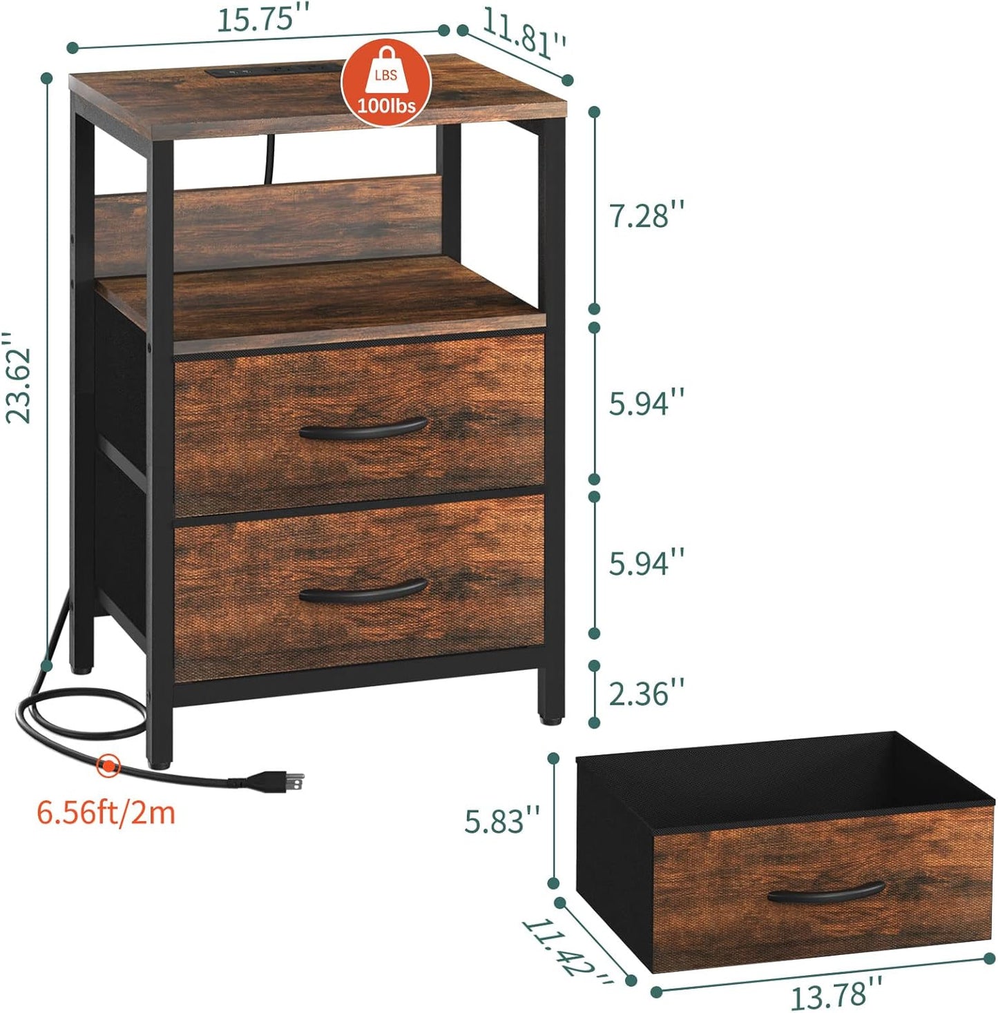 Nightstand with Charging Station, Small Night Stand with Fabric Drawers and Storage Shelf for Bedrooms, Small Spaces, Bedside Table with USB Ports & Outlets