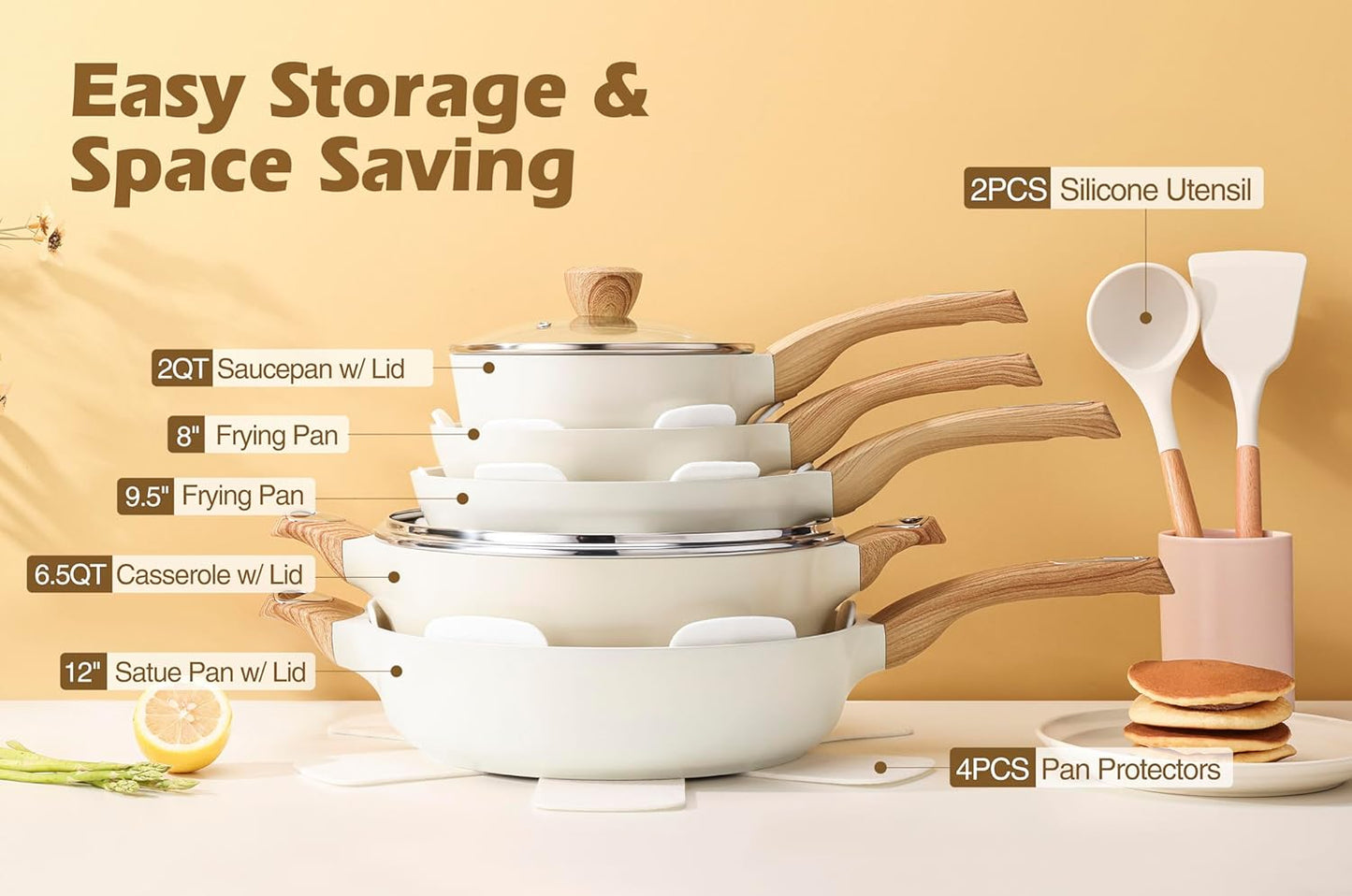 Ceramic Cookware Sets, Pots and Pans Set Nonstick, 14-Piece Induction Cookware, Non-toxic Healthy Non Stick Kitchen Cooking Set, with Frying Pans Set, PFAS PTFE PFOA PFOS Free