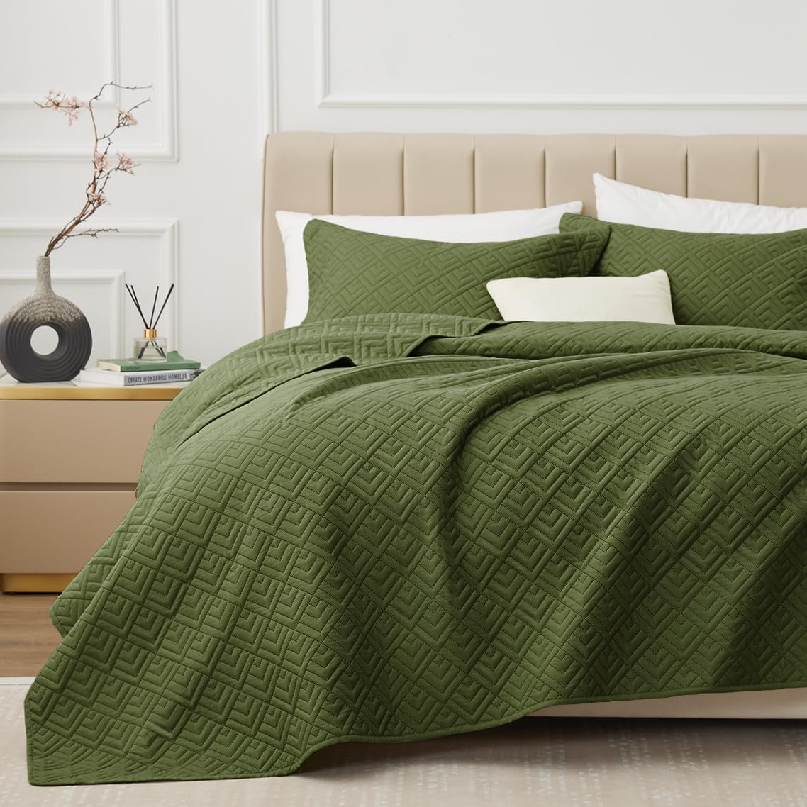Home Quilt Set Full Queen Size Grey 3 Piece,Lightweight Soft Coverlet Squares Pattern Bedspread Set for All Season(1 Quilt,2 Pillow Shams)