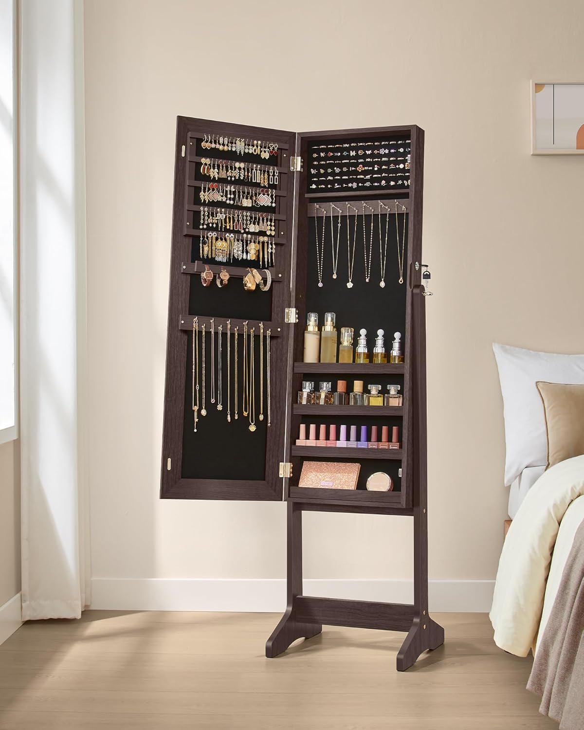 Mirror Jewelry Cabinet Armoire, Standing Full-Length Mirror, Lockable Jewelry Organizer, Gift Idea, Brown Surface and Black Lining