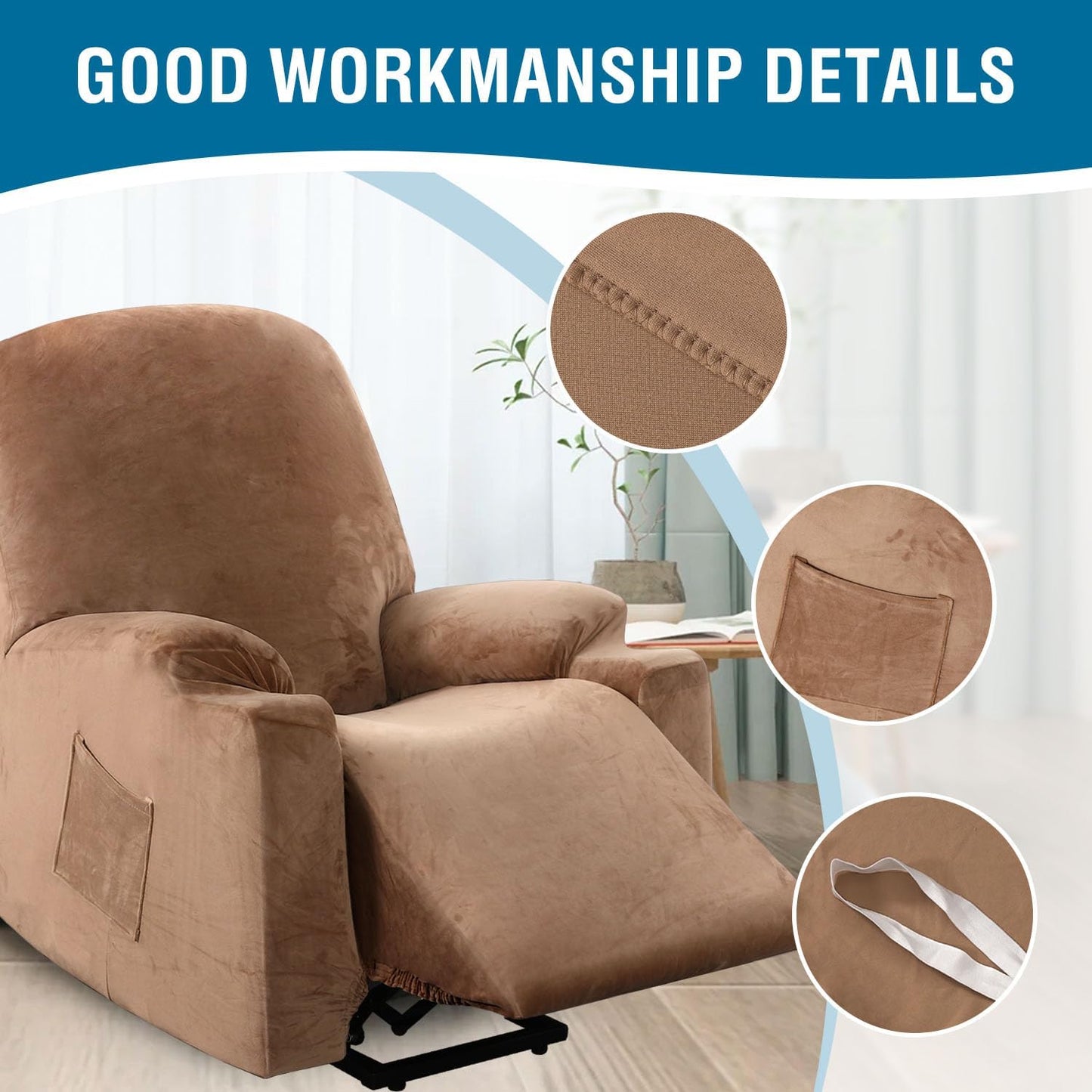 Rich Velvet Stretch Recliner Slipcovers 1 Piece Electric Power Lift Recliner Chair Cover Fitted Standard Large Power Lift Recliner with Side Pocket, Soft and Thick (Single Seat, Camel)