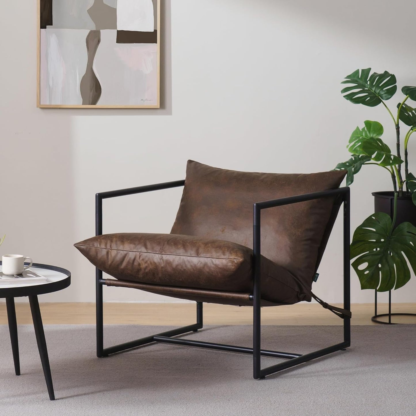 Aidan Sling Accent Chair, Metal Framed Armchair with Shredded Foam Cushioning, Oatmeal