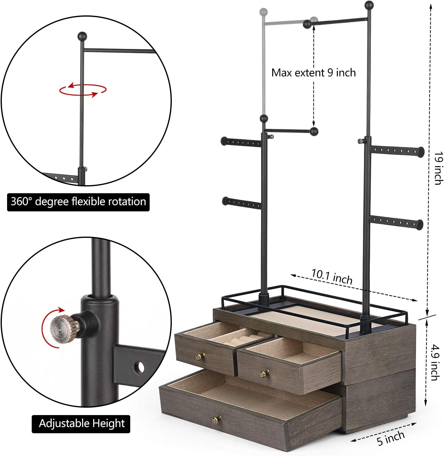 Jewelry Organizer - 2 Layer Wooden Jewelry Drawer Storage Box with 6 Tier Jewelry Tree Stand, Jewelry Display for Necklaces Bracelet Earring Ring Weathered Grey