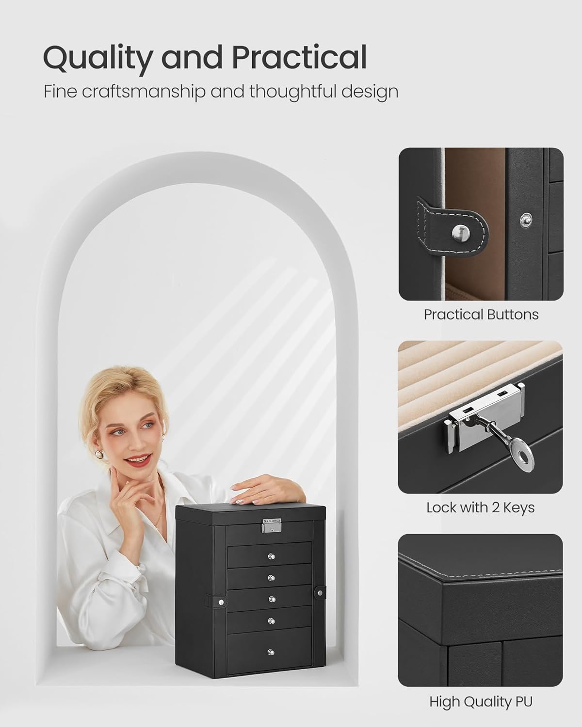 6 Tier Jewelry Box, Jewelry Storage Organizer with 5 Drawers, Large Storage Capacity, with Mirror, Lockable, Jewelry Case, Gift for Loved Ones, For Watches, Black UJBC152B01