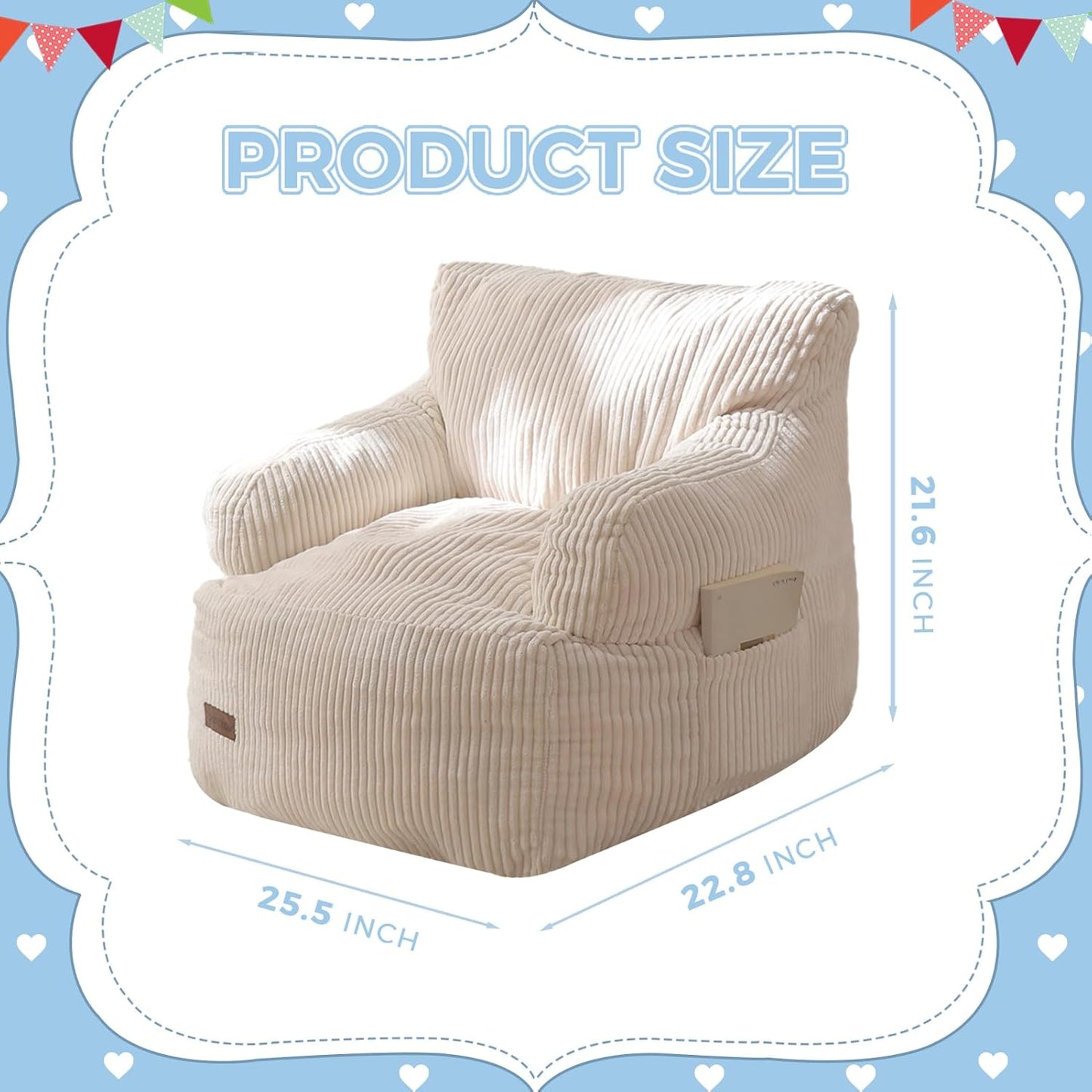 Kids Bean Bag Chair, Stuffed Toddler Bean Bag Sofa with Filler Bean Bag Chair for Boys and Girls, Lazy Sofa with Pocket Floor Chair for Gaming, Reading, Beige