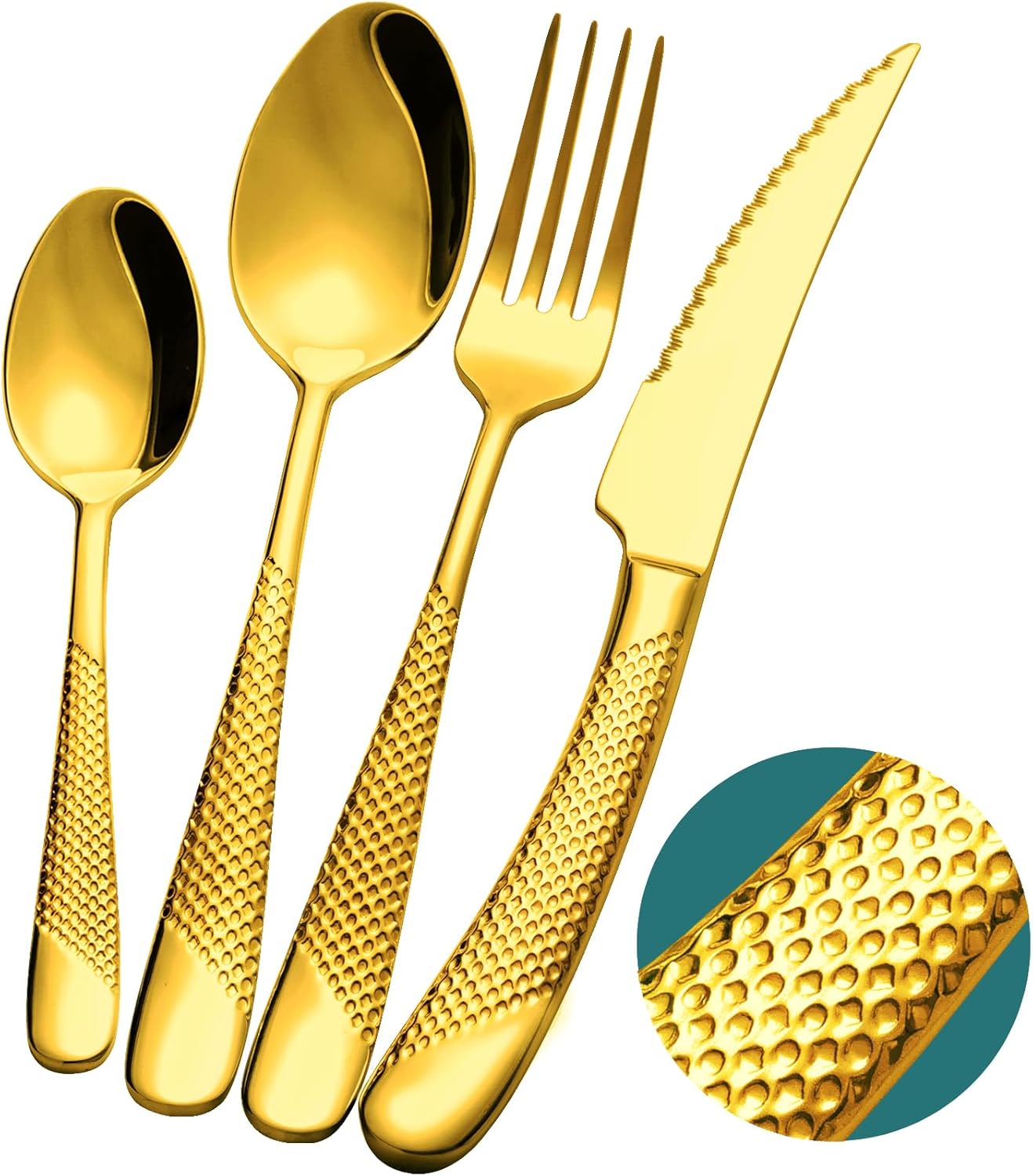 16-Piece Modern Hammered Cutlery Set with Ultra Sharp 2-in-1 Serrated Knife, 18/10 Stainless Steel Silverware Set, Flatware Set Service for 4, Tableware Utensil Set, Forks Spoons Knives Set
