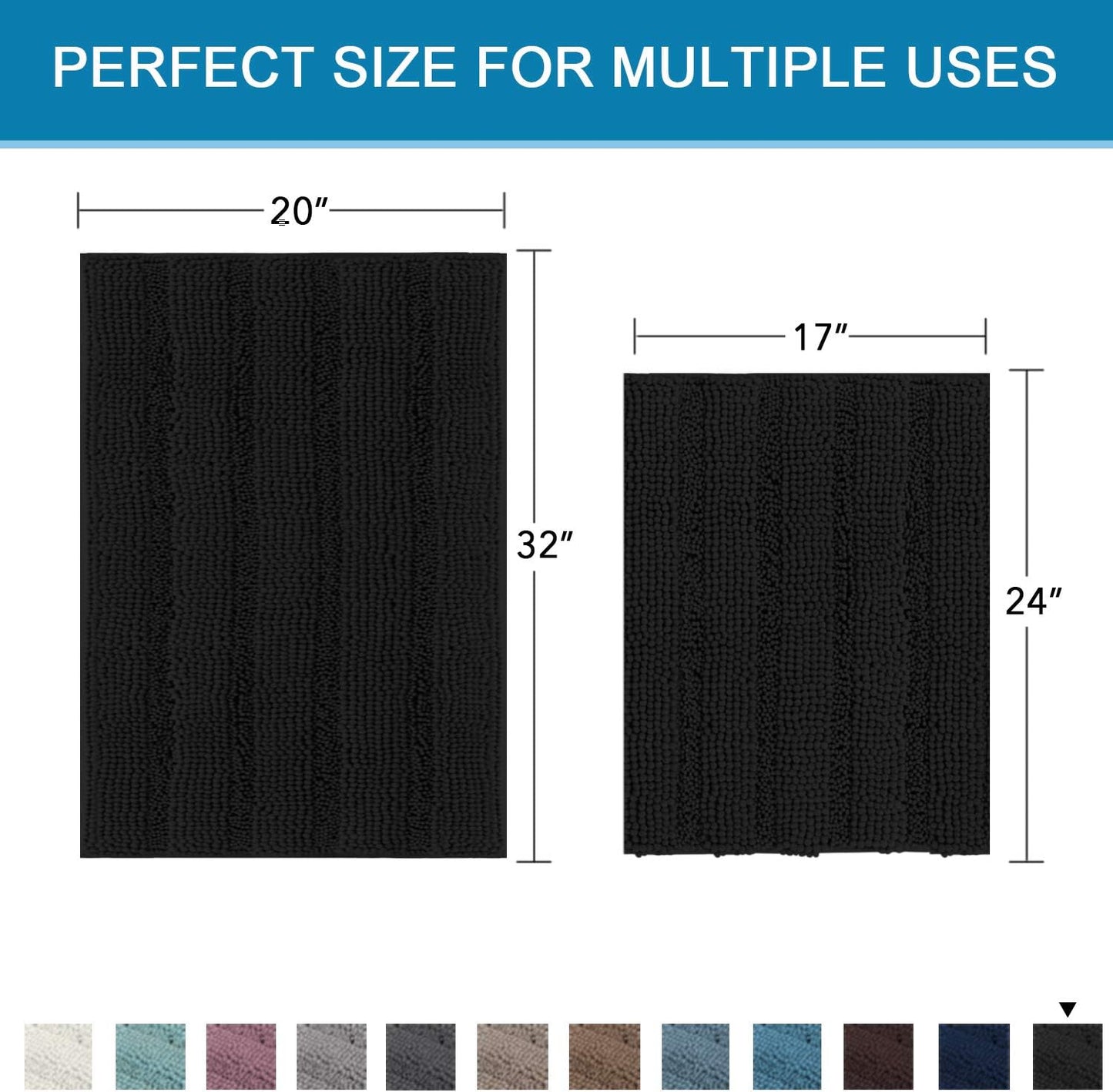Black Bathroom Rug Set Extra Thick Striped Bath Mats for Bathroom Floor 2 Piece, Anti-Slip Bath Mat Set Soft Plush Chenille Shower Rugs for Bathroom Waterproof (20" x 32"/17" x 24")