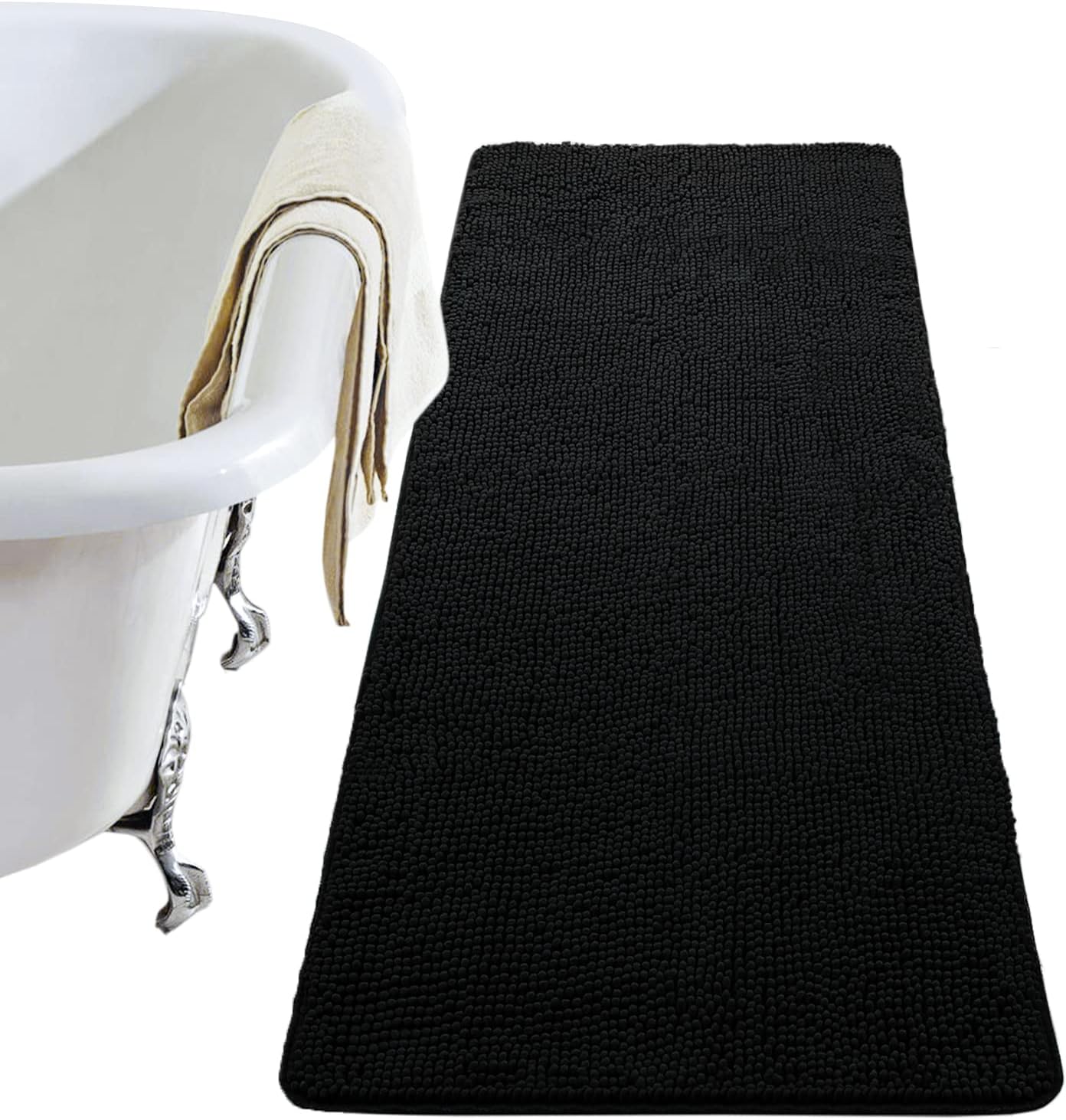 Luxury Bathroom Rug Shaggy Bath Mat 24 x 60 Inch, Washable Non Slip Bath Rugs for Bathroom Shower, Soft Plush Chenille Absorbent Carpets Mats, Black