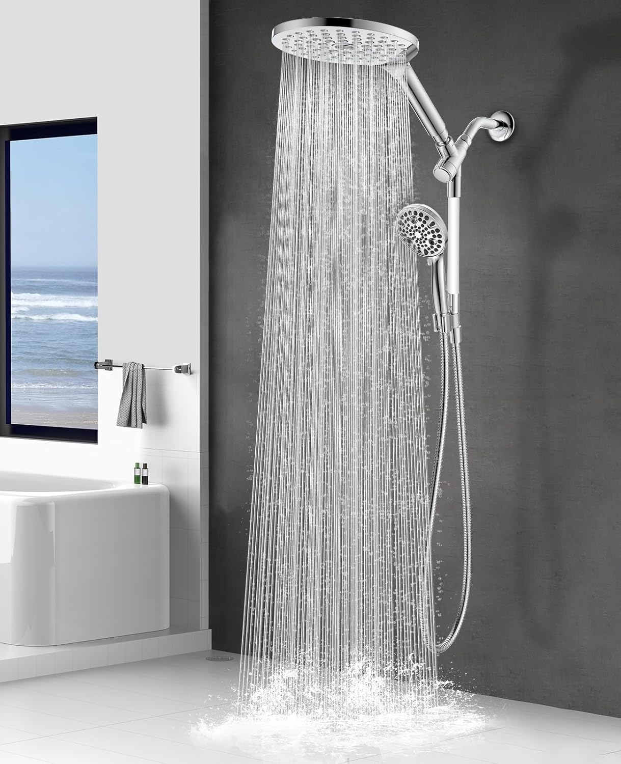 Dual Handheld Shower Head Combo, 2-in-1 Rain Shower Heads System 8 Inch Rainfall Shower Head and 10 Modes High Pressure Hand Held Showerhead with Built-in Power Wash