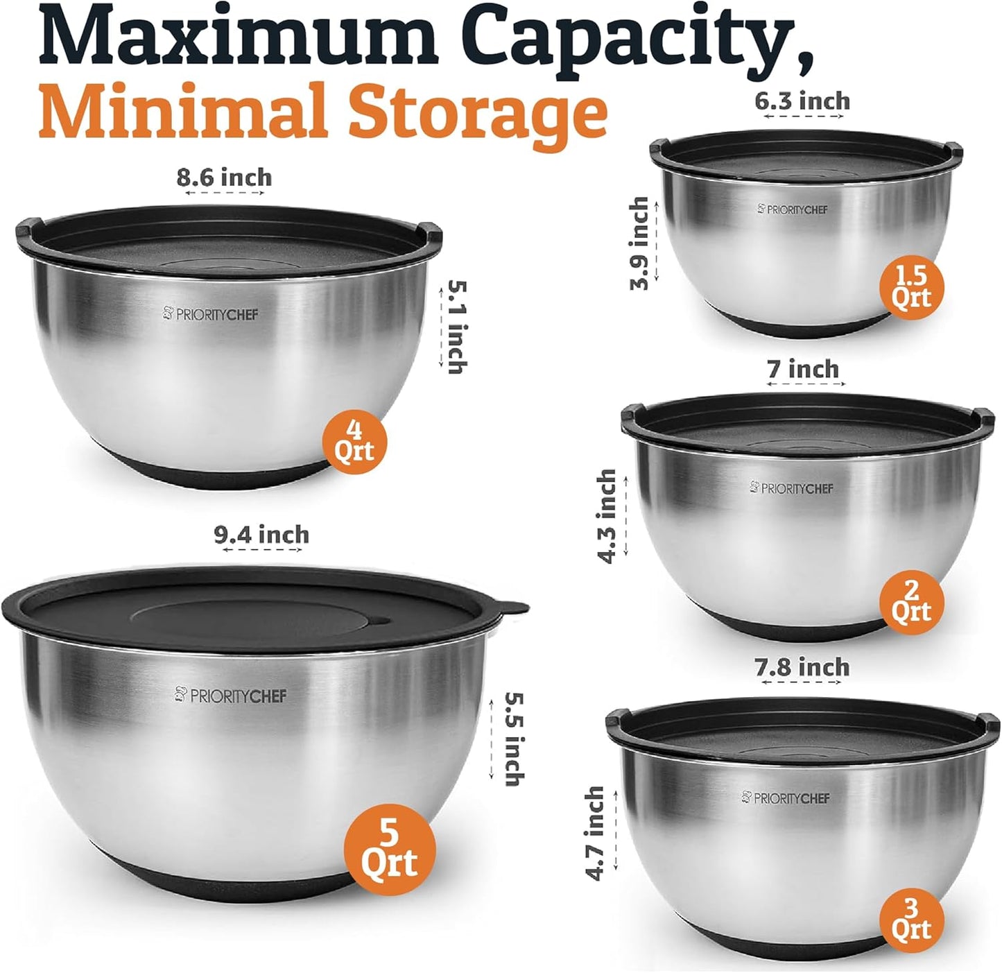 Stainless Steel Mixing Bowls with Lids Set, 3 Grater Attachments, Airtight Lids, Non-Slip Silicone Base Mixing Bowl Set, Large Prep Metal Mixing Bowls for Kitchen, Black