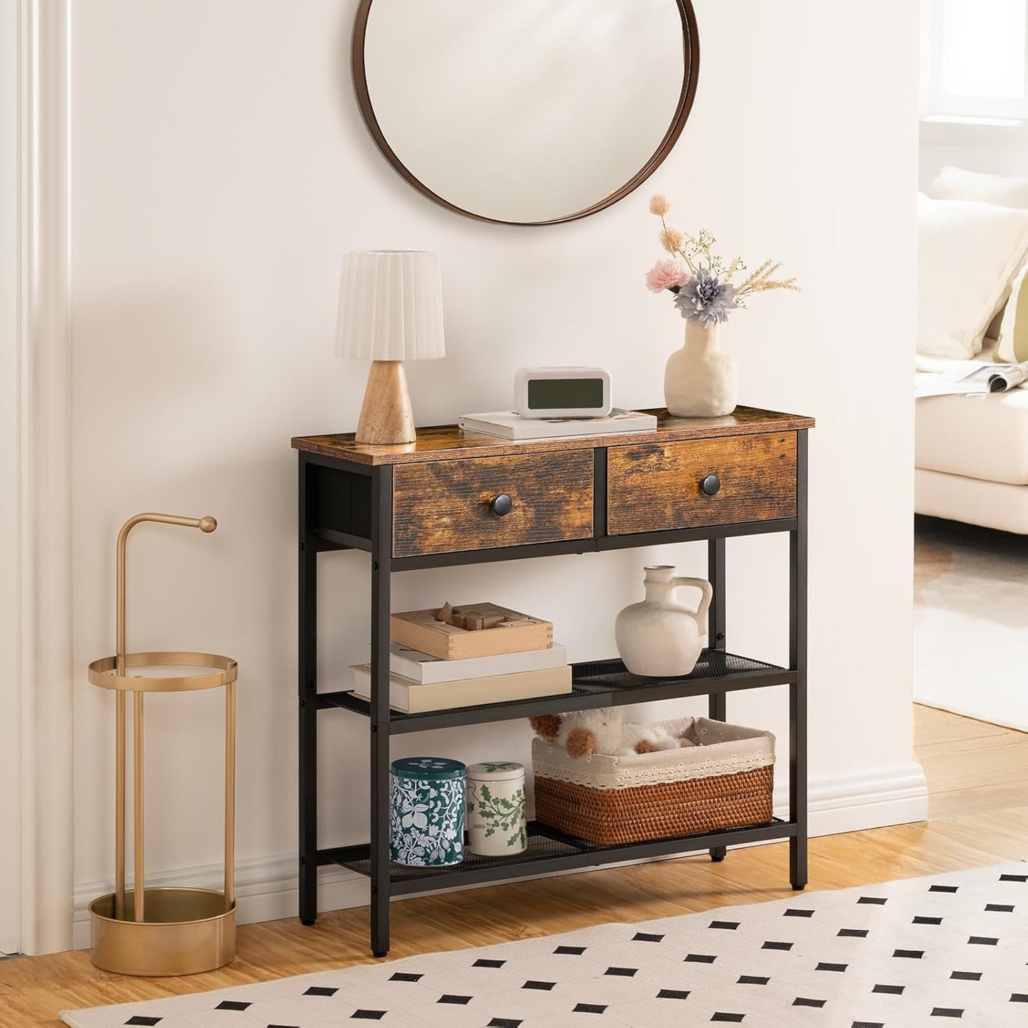 29.5" Narrow Console Table with 2 Fabric Drawers, Small Entryway Table with 3-Tier Storage Shelves, Thin Sofa Table, Side Table, for Living Room, Hallway, Rustic Brown and Black
