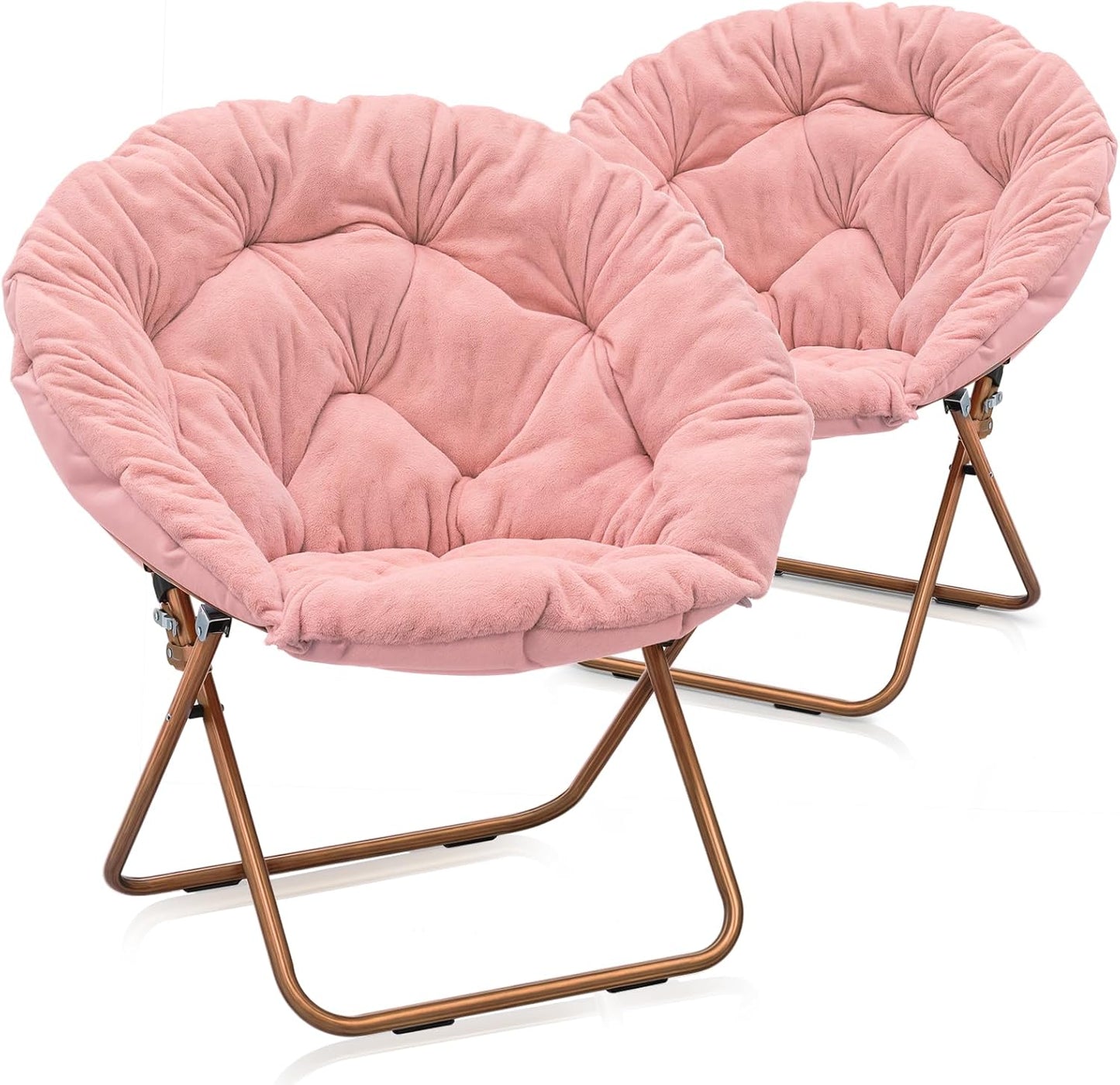 Round Folding Faux Fur Saucer Chair for Bedroom Living Room Dorm Foldable Metal Frame Oversized Large Comfy Furry Padded Soft Lounge Lazy Cozy Moon Chair for Adults (Beige, 2 Pieces)