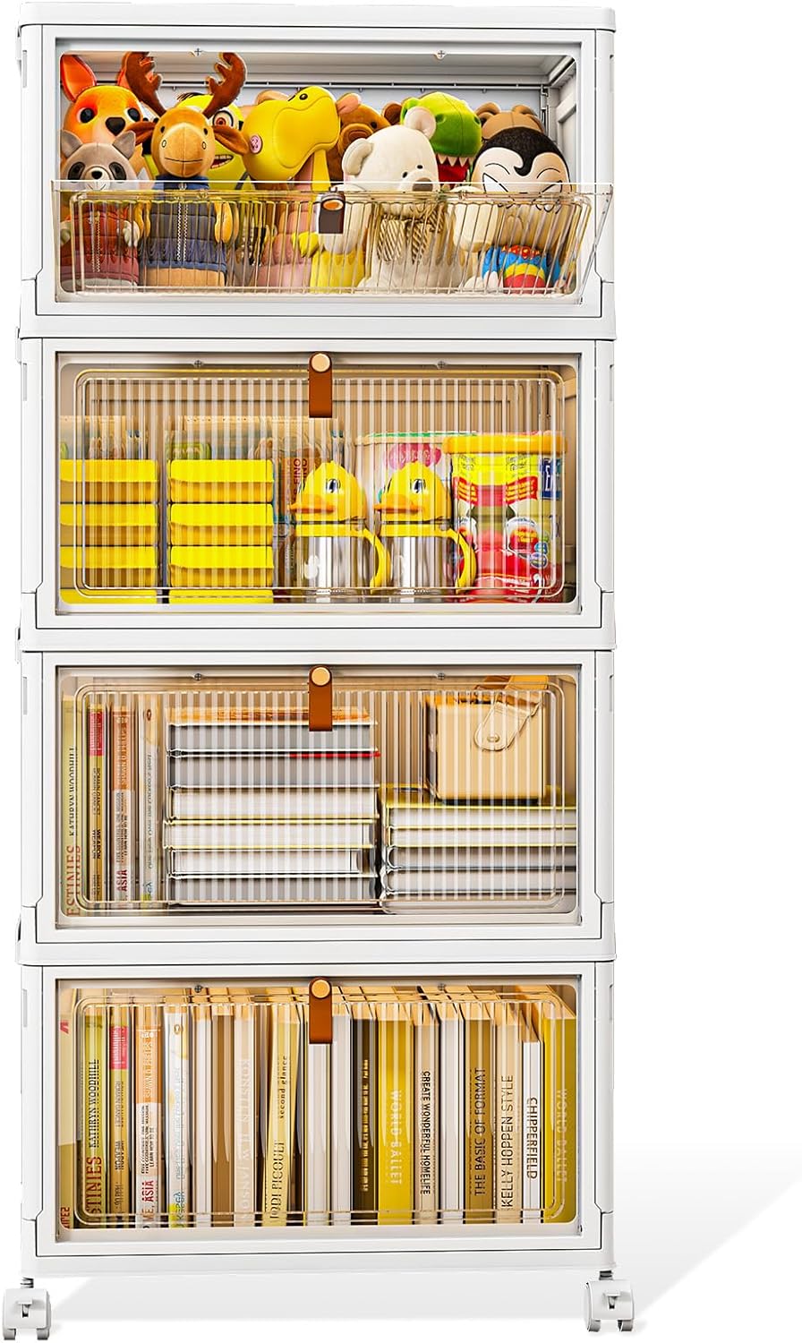 4 Tier Stackable Storage Bins with Lids, 23Qt Plastic Storage Containers with Magnetic Doors & Wheels, Collapsible Storage Bins Closet Organizers, Foldable Organization for Home, Party, Office, Dorm