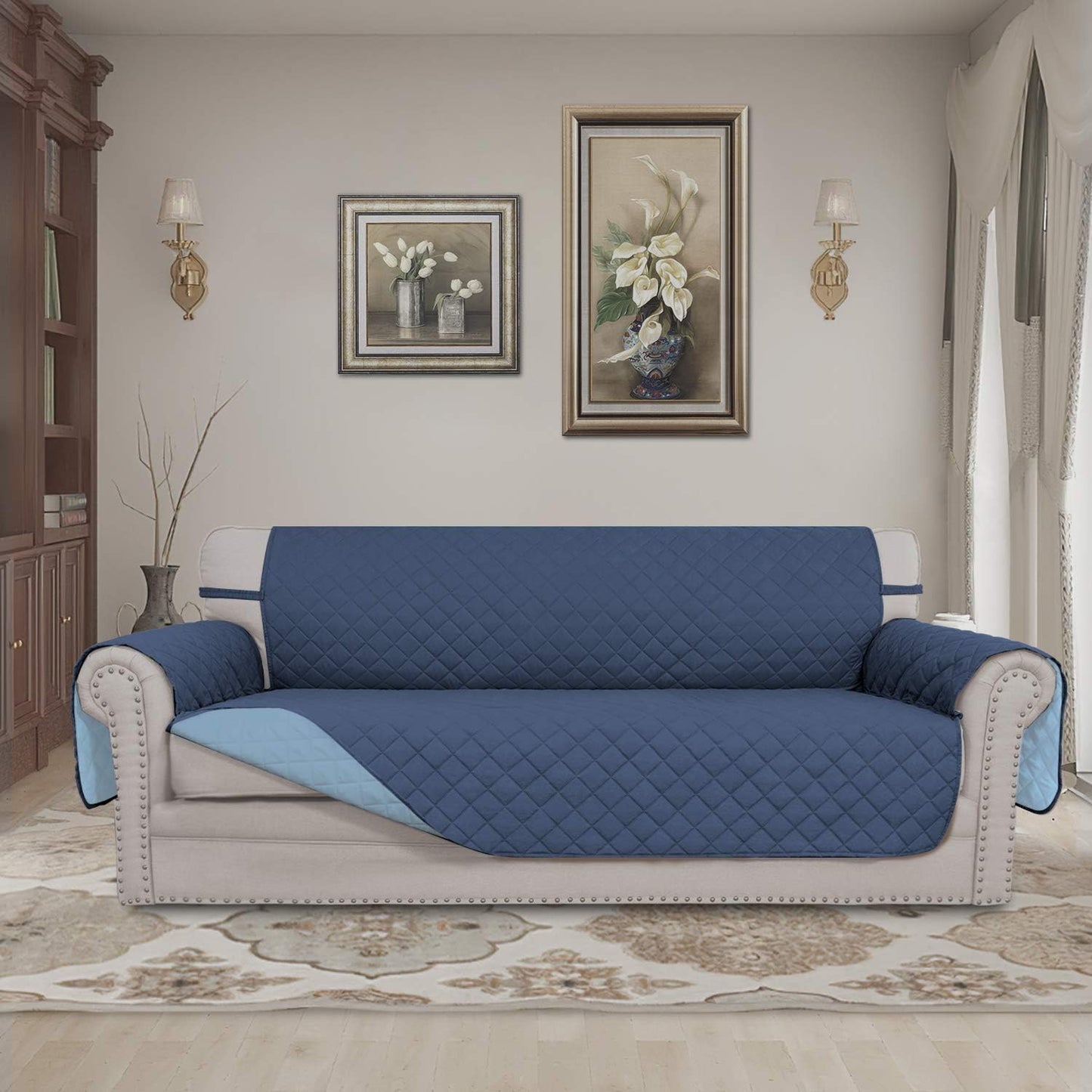 Reversible Couch Cover for 3 Cushion Couch Sofa Cover for Dogs Water Resistant Furniture Protector Cover with Foam Sticks Elastic Straps for Pet Cat (Sofa, Dark Blue/Light Blue)