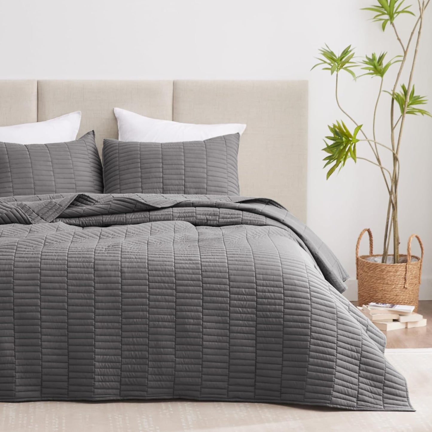 Home Quilt Set Full Queen Size Grey 3 Piece,Lightweight Soft Coverlet Squares Pattern Bedspread Set for All Season(1 Quilt,2 Pillow Shams)