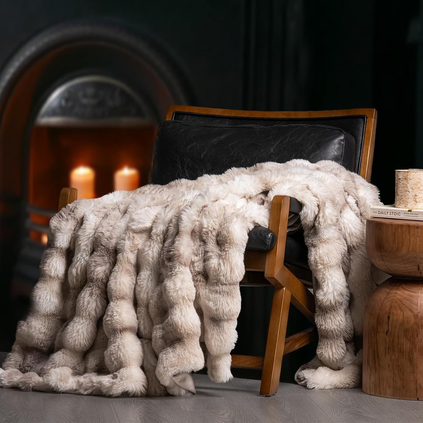 Ultra Soft Luxury Fluffy Ridgeline Faux Rabbit Fur Throw Blanket, Thick Warm Bubble Throw for Bed, Cozy Plush Reversible Blankets for Couch, Chair, Sofa, Ivory White, 60x80 Inches, 870 GSM