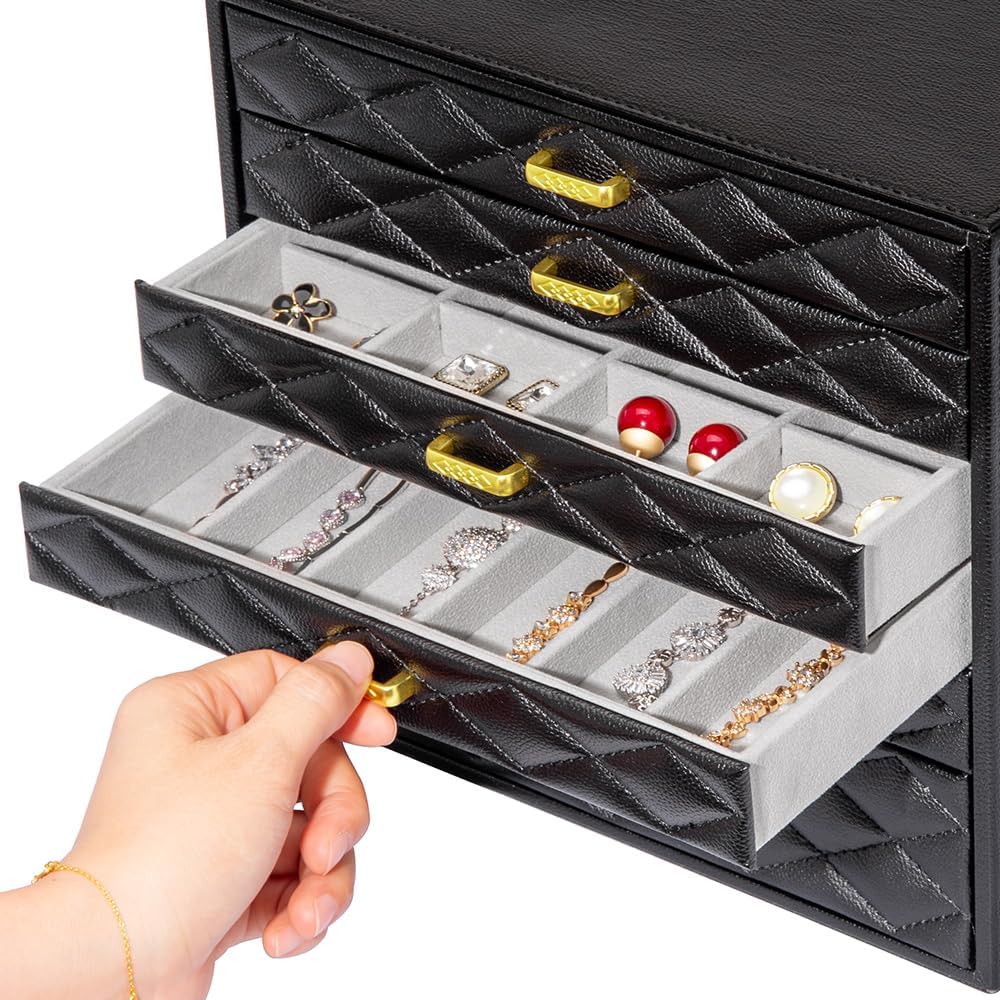 Extra Large Jewelery Box, 10-Layer Storage Case, Faux Leather Organizer with Drawers, Velvet Lining, Scandinavian Nordic Style (BLACK)