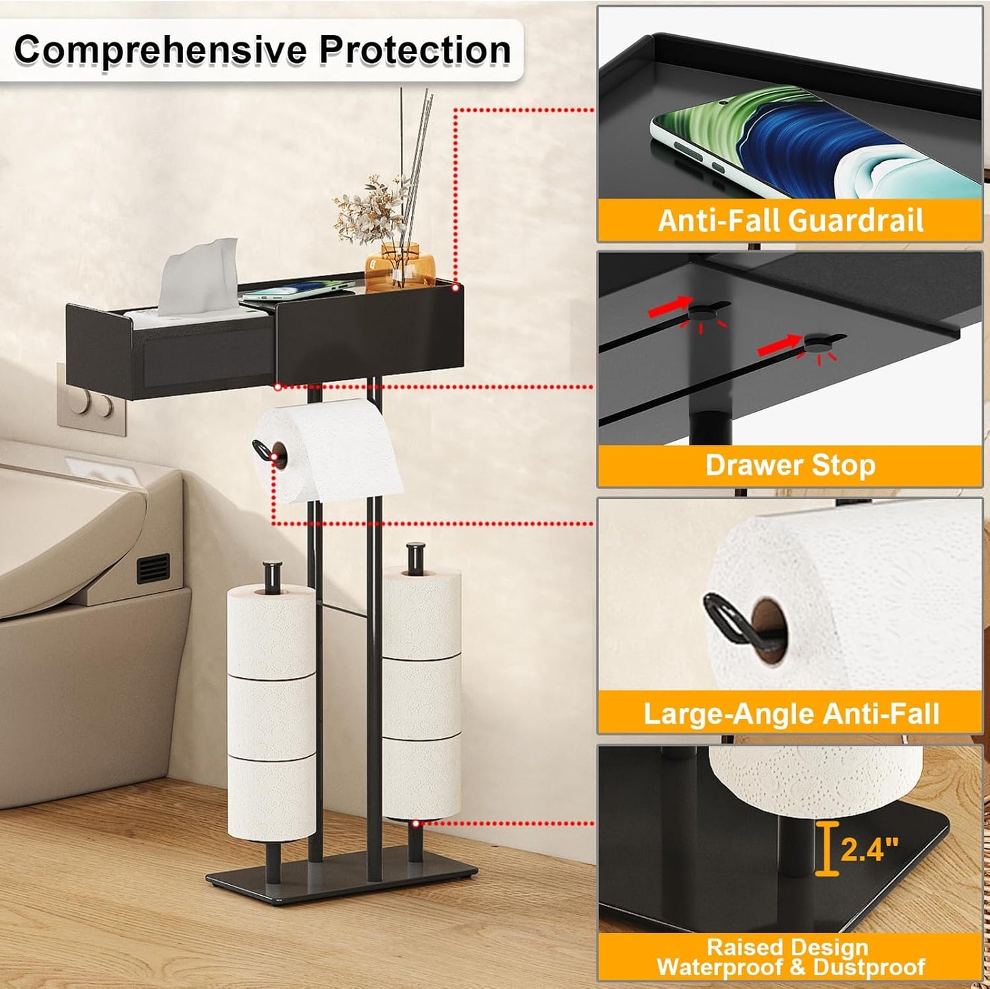 Free Standing Toilet Paper Holder with Shelf,Stand Mega Roll Toilet Paper Holder with Storage,Freestanding Tp Holder with Drawer for Wipes,No Drill,Matte Black,Bathroom