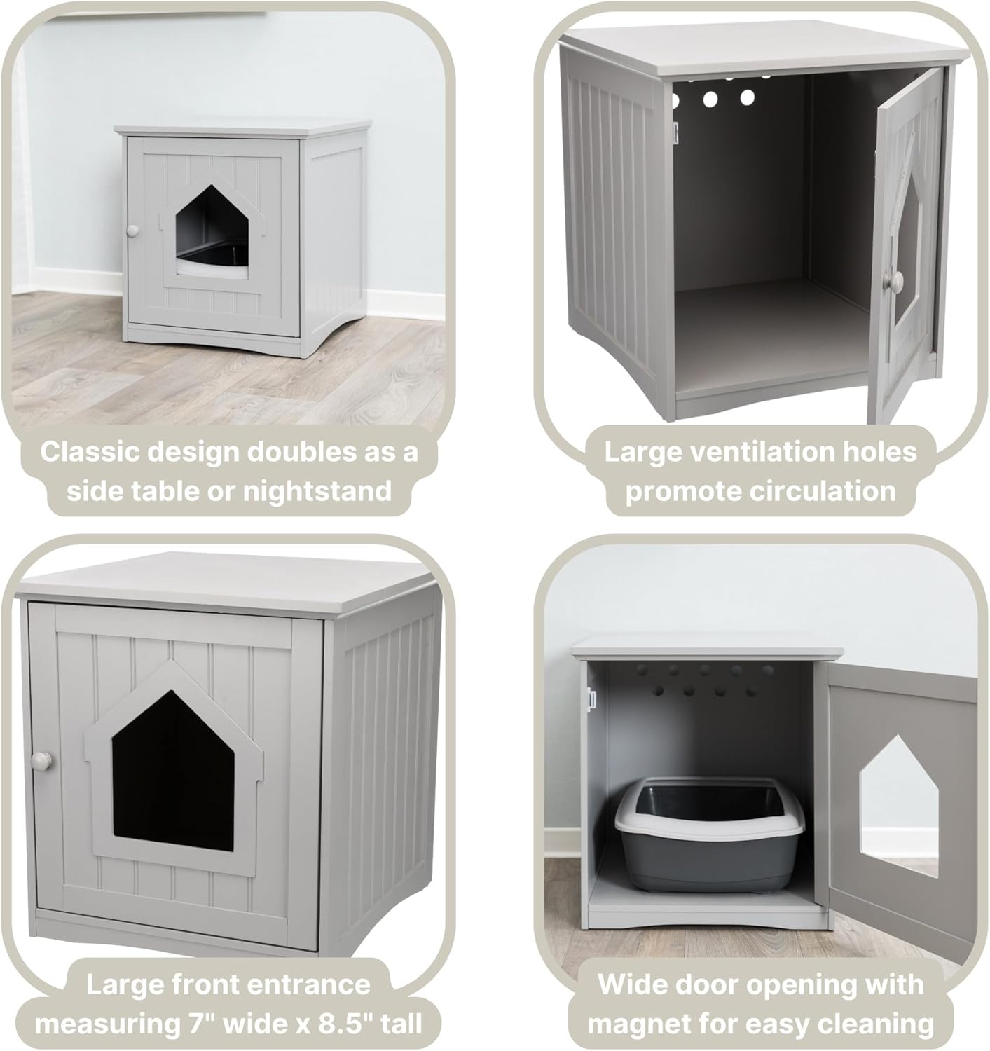 Small Furniture Litter Box Enclosure (Gray), Hidden Litter Box for Cats, Classic Style & Big Front Door for Easy Cleaning, Large Hole for Convenient Entry, Use As Side Table or Nightstand