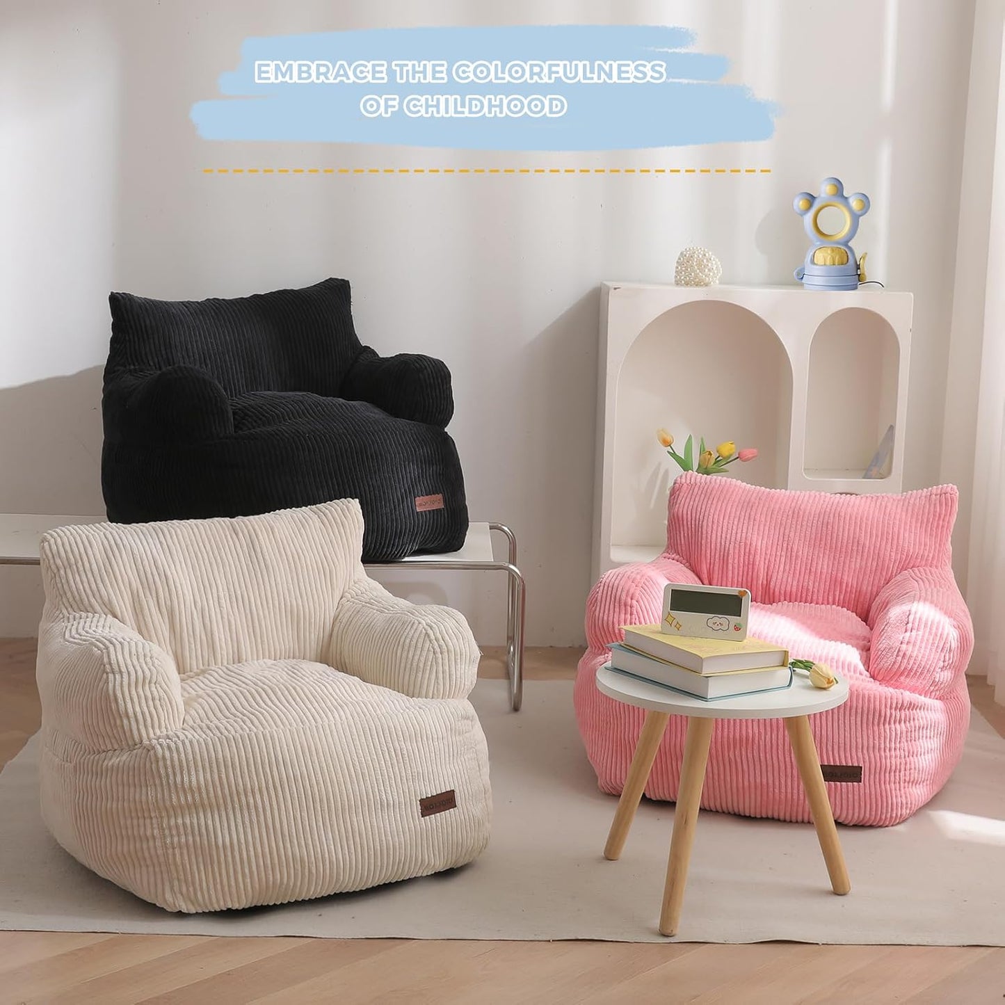 Kids Bean Bag Chair, Stuffed Toddler Bean Bag Sofa with Filler Bean Bag Chair for Boys and Girls, Lazy Sofa with Pocket Floor Chair for Gaming, Reading, Beige