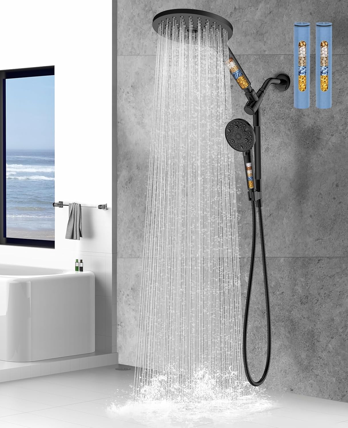 Dual Handheld Shower Head Combo, 2-in-1 Rain Shower Heads System 8 Inch Rainfall Shower Head and 10 Modes High Pressure Hand Held Showerhead with Built-in Power Wash
