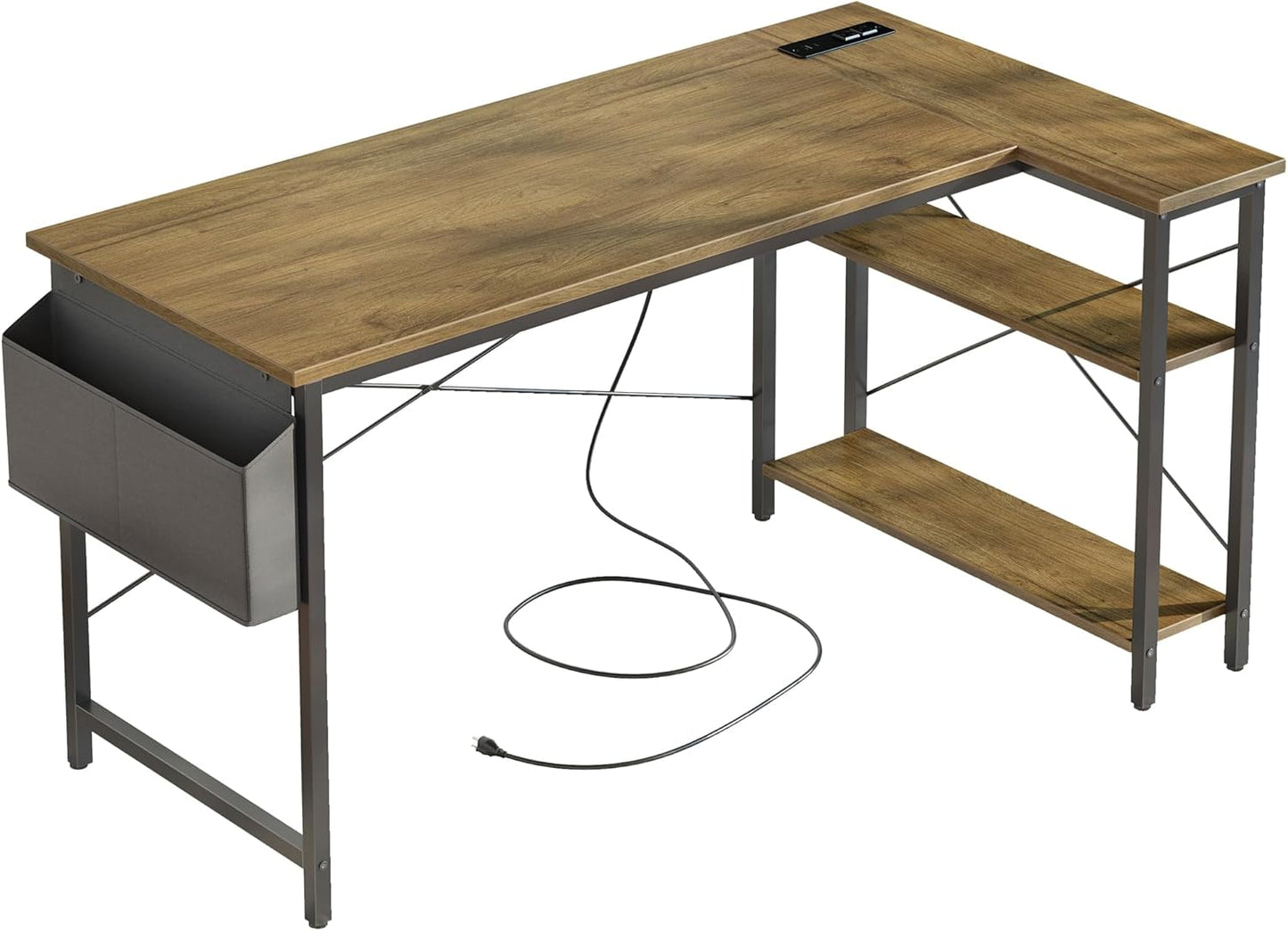 Small Computer Desk with Power Outlets, 40 Inch L Shaped Desk with Reversible Shelves, Gaming Desk Corner Desk Study Writing Table for Home Office Bedroom Living Room, Black