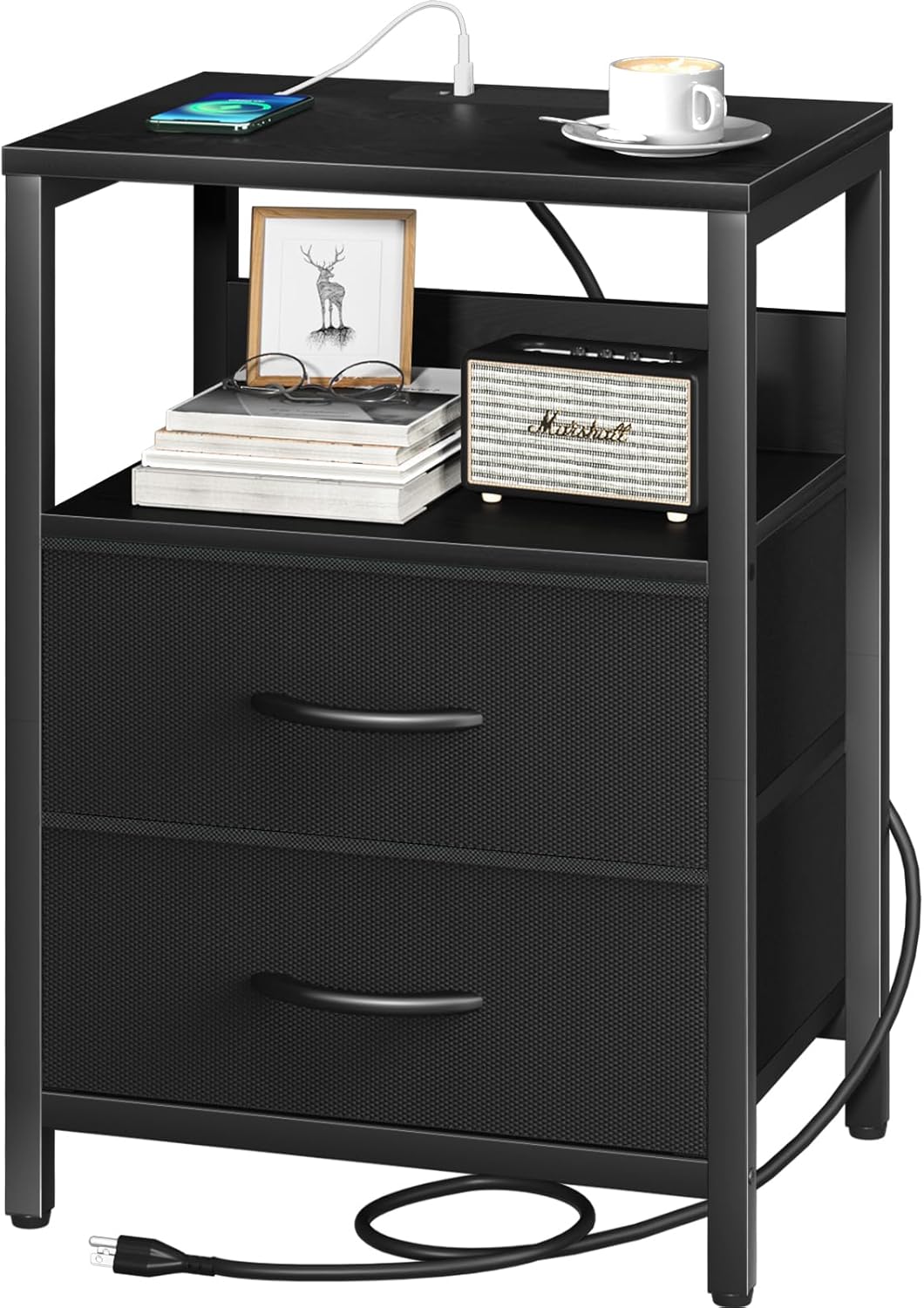 Nightstand with Charging Station, Small Night Stand with Fabric Drawers and Storage Shelf for Bedrooms, Small Spaces, Bedside Table with USB Ports & Outlets