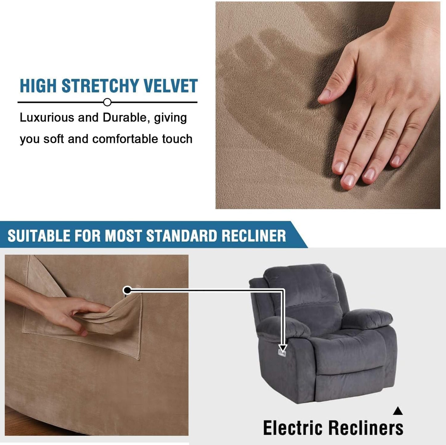 Stretch Recliner Covers 1-Piece Lazy Boy Recliner Chair Covers with Pocket Nonslip Recliner Slip Cover Stay in Place with Elastic Bottom Feature Velvet Plush Fabric(Recliner, Camel)