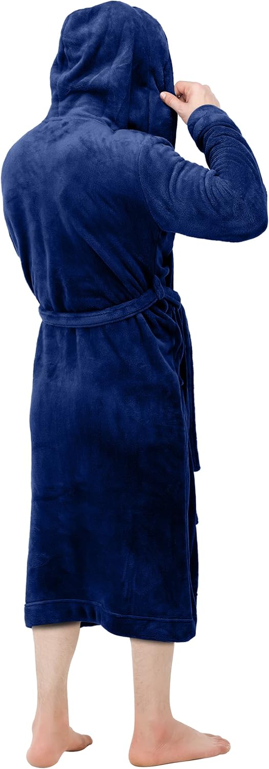 Men's Hooded Fleece Bathrobe Plush Long Spa Robe