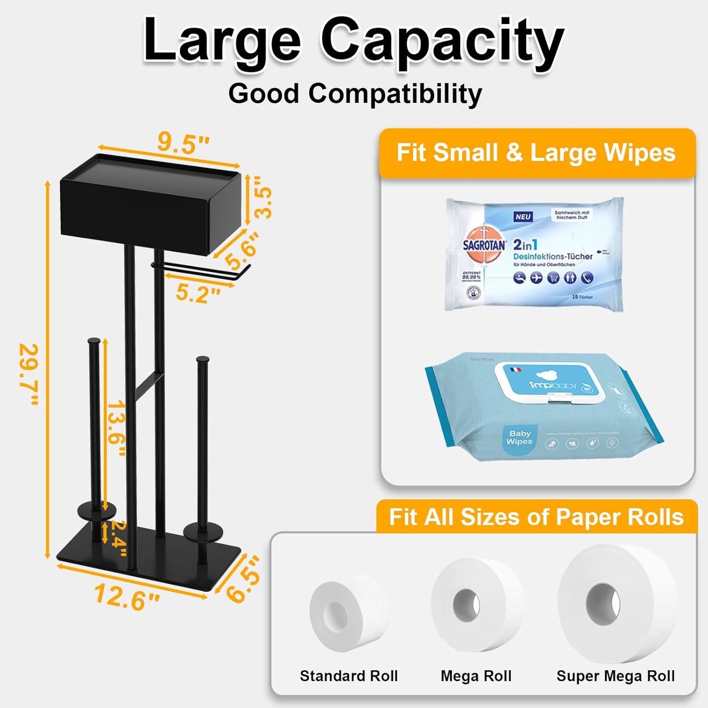 Free Standing Toilet Paper Holder with Shelf,Stand Mega Roll Toilet Paper Holder with Storage,Freestanding Tp Holder with Drawer for Wipes,No Drill,Matte Black,Bathroom