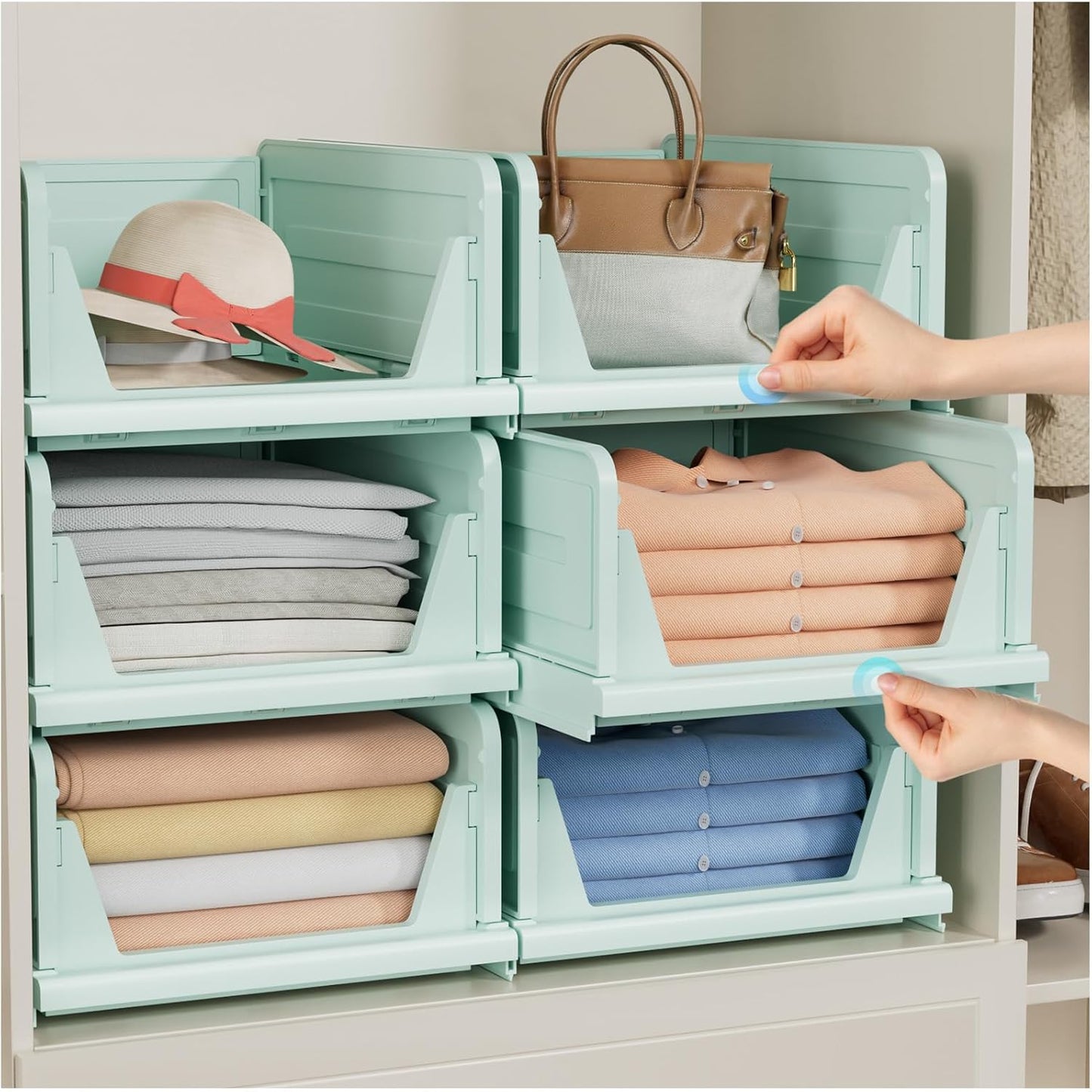 5 Pack Folding Closet Organizers Storage Box, Stackable Plastic Storage Basket, Closet Organizers and Storage Drawer Shelf Storage, Storage Container for Cupboard Kitchen Bathroom, White