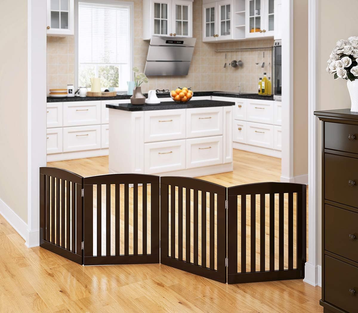 Wooden Freestanding Foldable Pet Gate for Dogs, 24 inch 4 Panels Step Over Fence, Dog Gate for The House, Doorway, Stairs, Extra Wide (White, 24" Height-4 Panels)