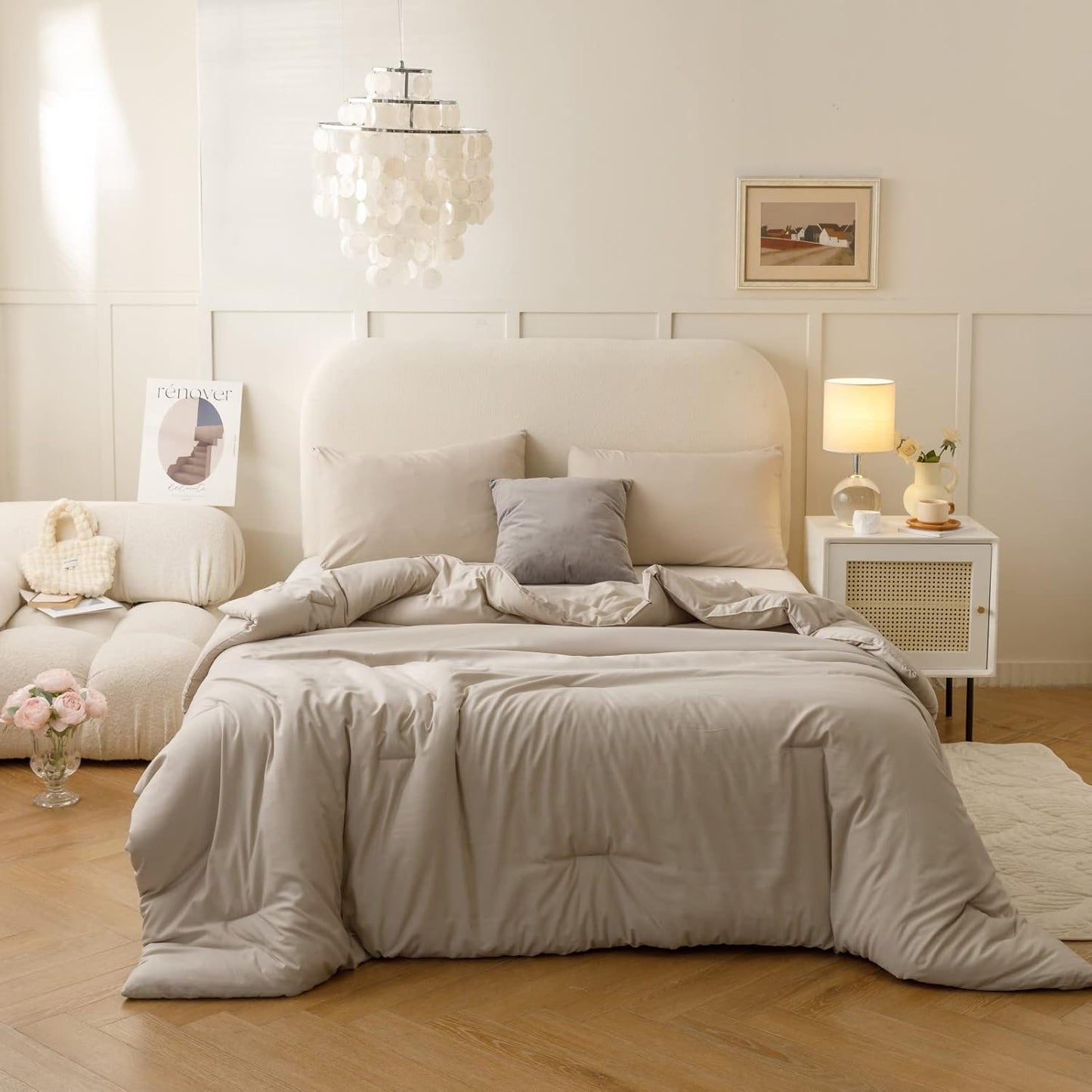Queen Comforter Set Oatmeal, 3pcs(1 Boho Oatmeal Comforter & 2 Pillowcases) All Season Soft Bedding Lightweight Bedspread Blanket Quilt