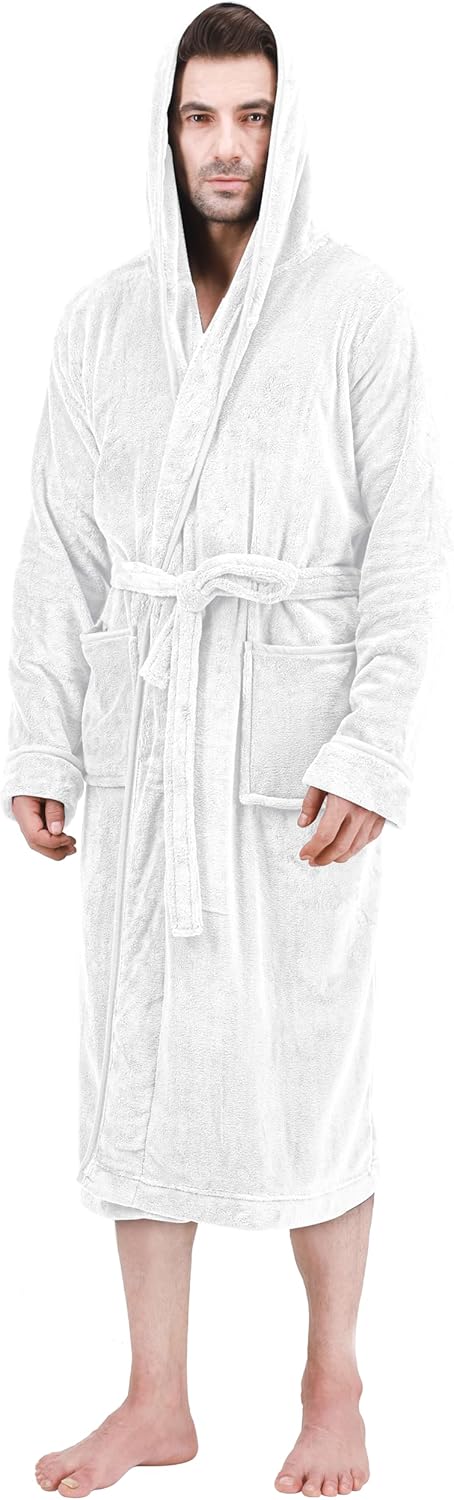 Men's Hooded Fleece Bathrobe Plush Long Spa Robe