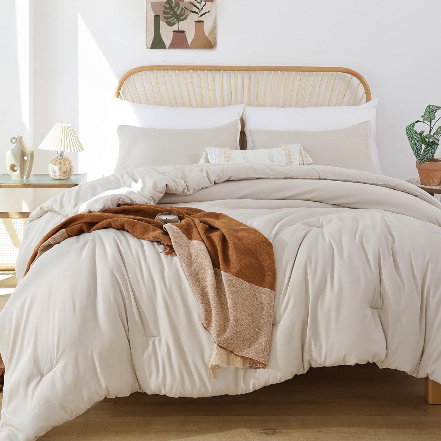 Queen Comforter Set Oatmeal, 3pcs(1 Boho Oatmeal Comforter & 2 Pillowcases) All Season Soft Bedding Lightweight Bedspread Blanket Quilt