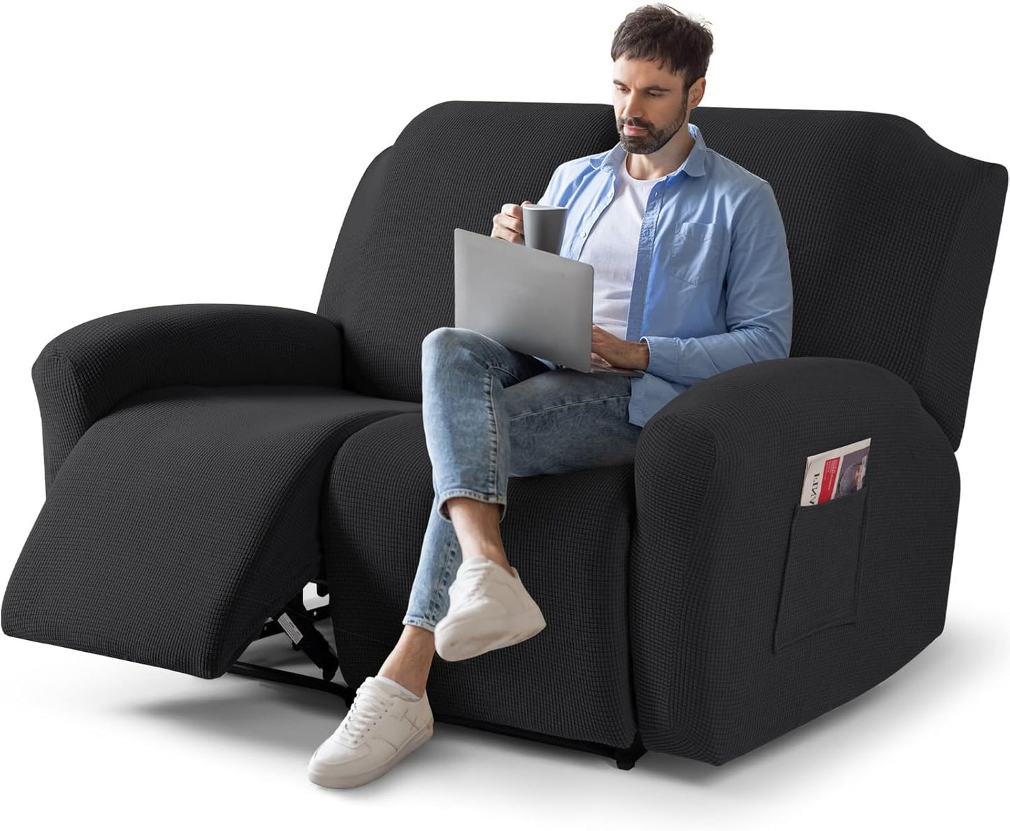 Recliner Sofa Covers 8-Pieces Stretch Large Couch Covers for 3 Seats Reclining Slipcovers Soft Jacquard Pattern Furniture Protector Black