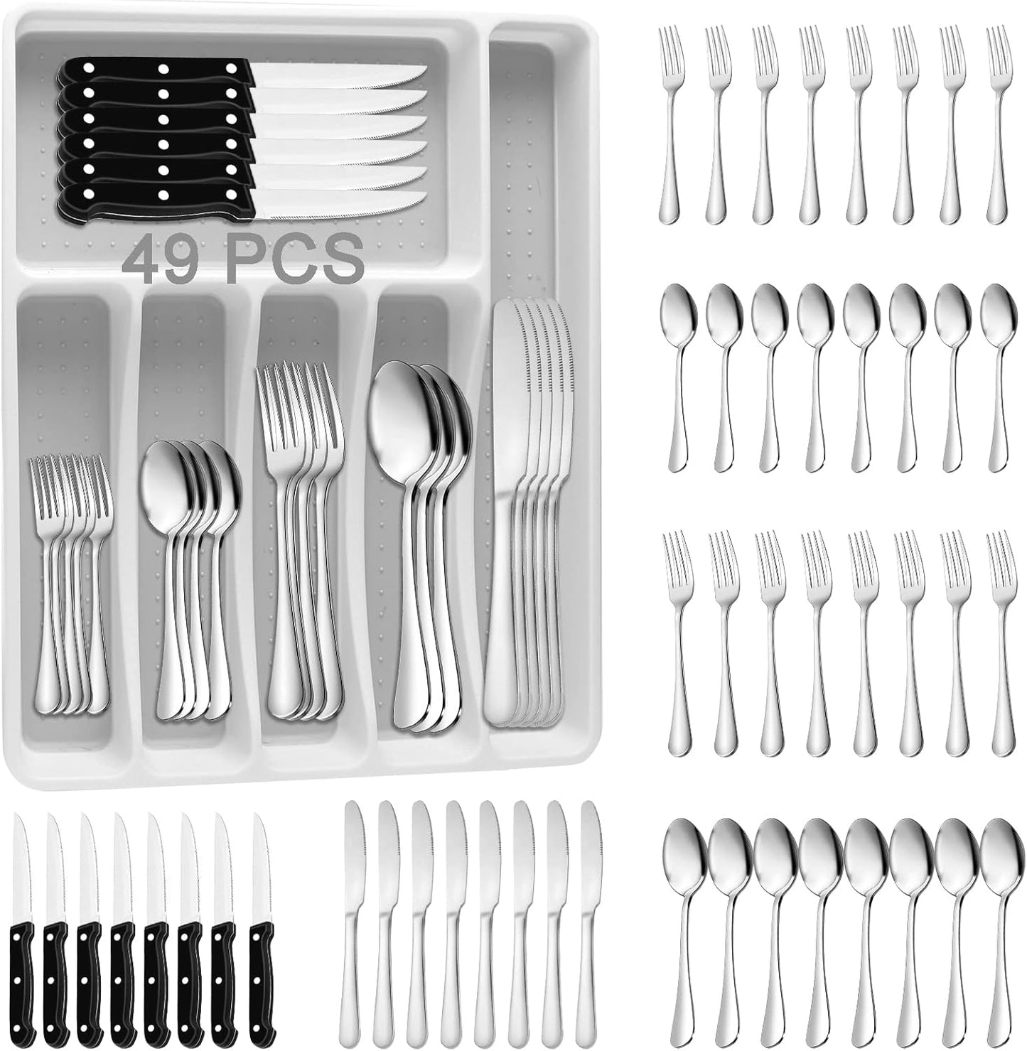 49-Piece Stainless Steel Silverware Set with Cutlery Organizer, Service for 8 with Steak Knives and Kitchen Utensils