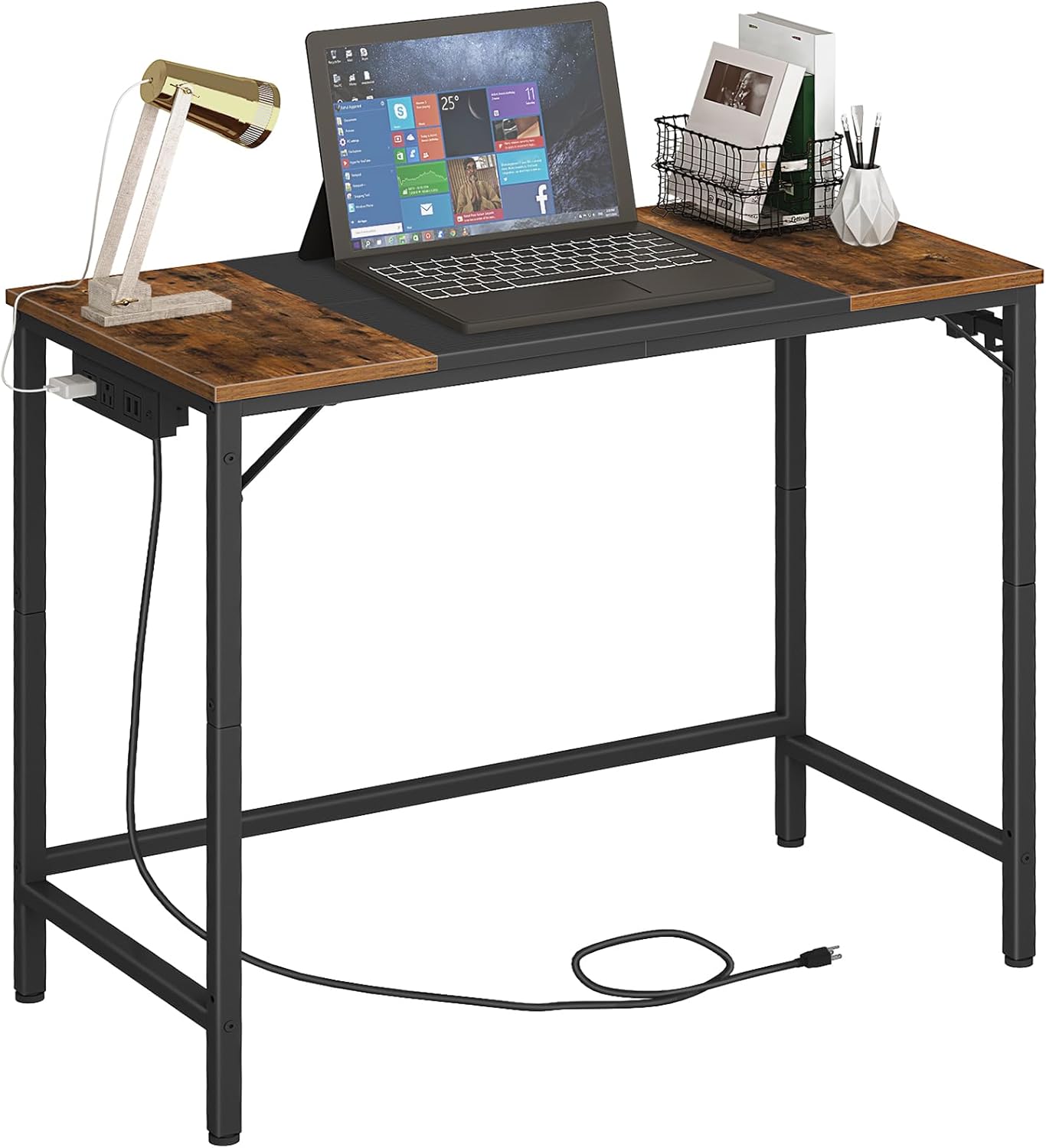 Computer Desk, Home Office Desk with Power Outlet, Modern Study Writing Desk with 3 Hooks for Study Room, Home Office, Sturdy and Stable, Easy to Assemble, Charcoal Gray and Black BC41UDN01