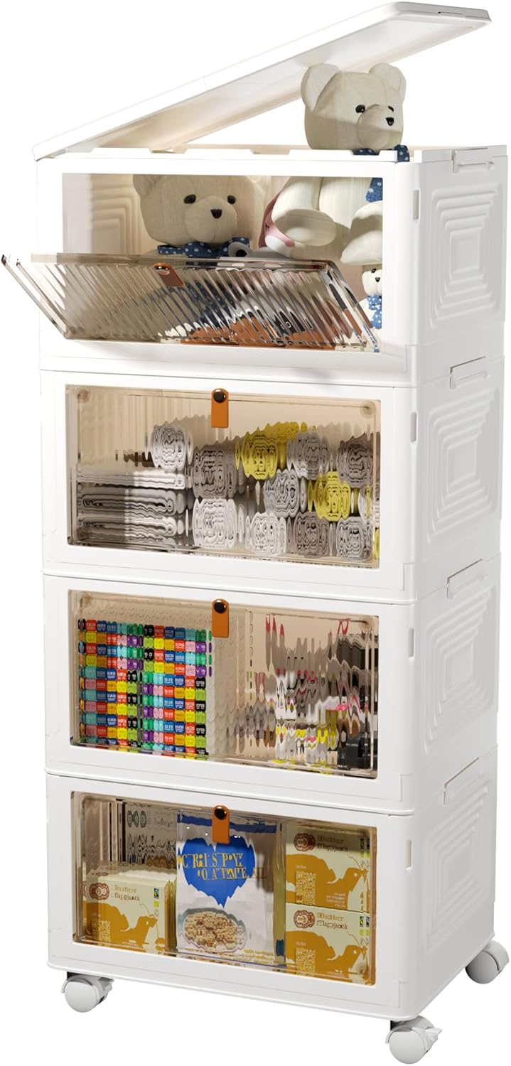 4 Tier Stackable Storage Bins with Lids, 23Qt Plastic Storage Containers with Magnetic Doors & Wheels, Collapsible Storage Bins Closet Organizers, Foldable Organization for Home, Party, Office, Dorm