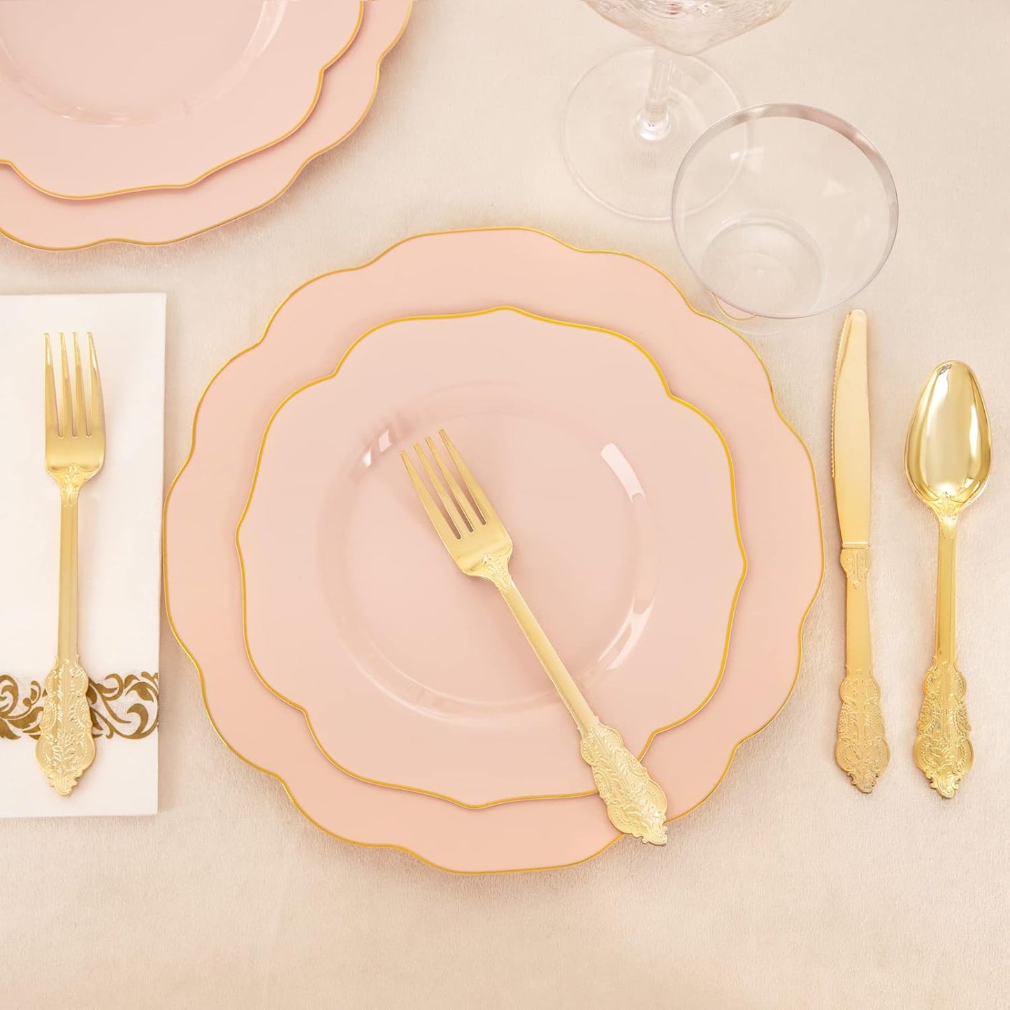 175PCS Pink Plastic Plates - Pink Plates with Gold Disposable Silverware - Include 50 Plates,25 Knives,25 Forks,25 Spoons,25 Cups and 25 Napkins - Ideal for Wedding & Party