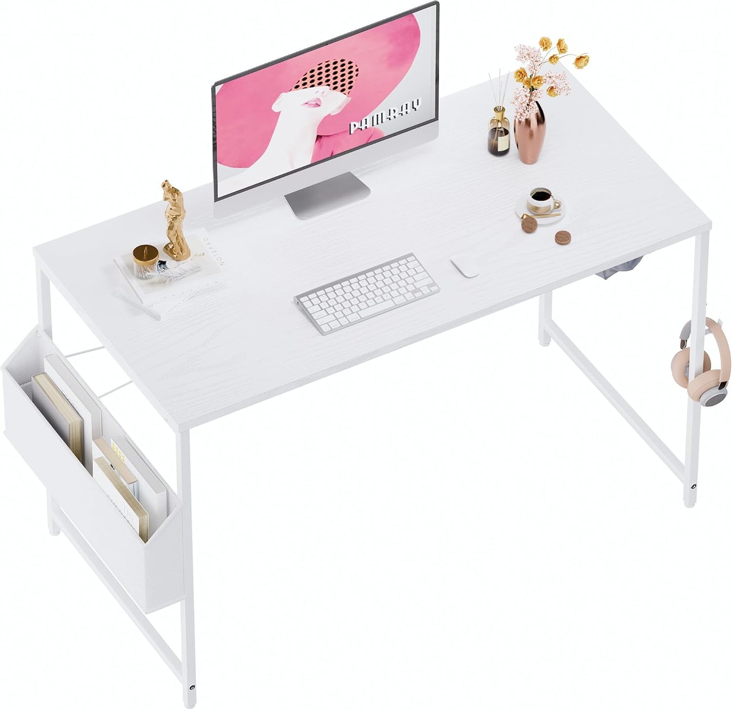 47 Inch Computer Desk for Small Spaces with Storage Bag, Home Office Work Desk with Headphone Hook, Small Office Desk Study Writing Table