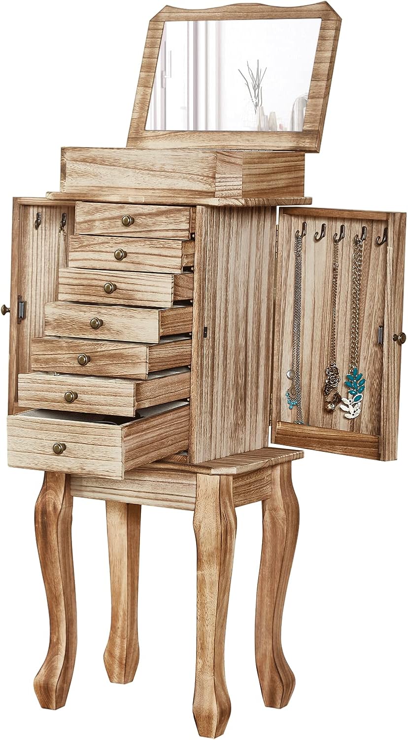 Jewelry Box for Women, Rustic Wooden Jewelry Boxes & Organizers with Mirror, 4 Layer Jewelry Organizer Box Display for Rings Earrings Necklaces Bracelets (Rustic Brown)