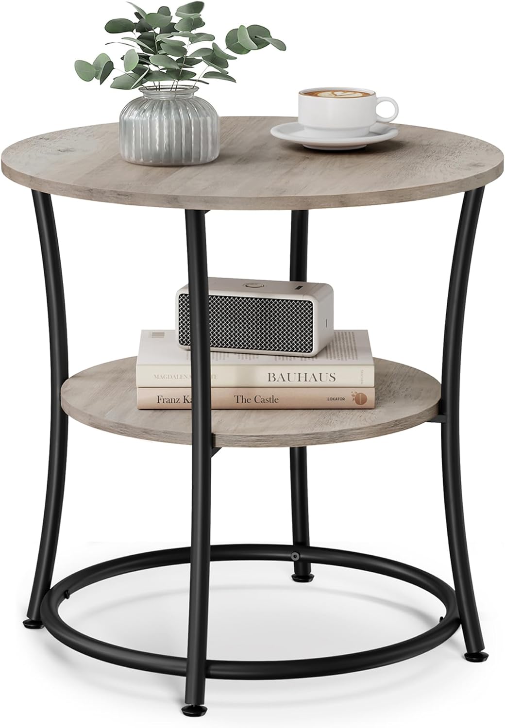 Side Table, Round End Table with 2 Storage Shelves for Living Room, Bedroom, Nightstand with Steel Frame for Small Spaces, Accent Coffee Table, Greige and Ink Black