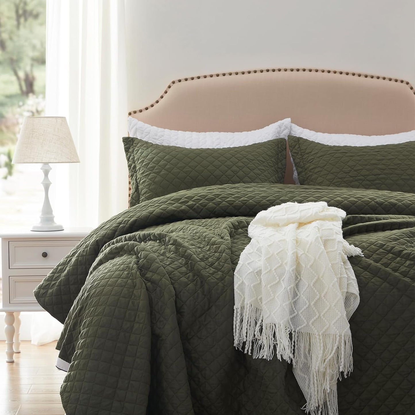 Quilt Set King Olive Green Lightweight Bedspread Soft Reversible Coverlet for All Season 3pcs Army Green Diamond Quilted Bedding Sets (1 Quilt 2 Pillow Shams)(106"x96")