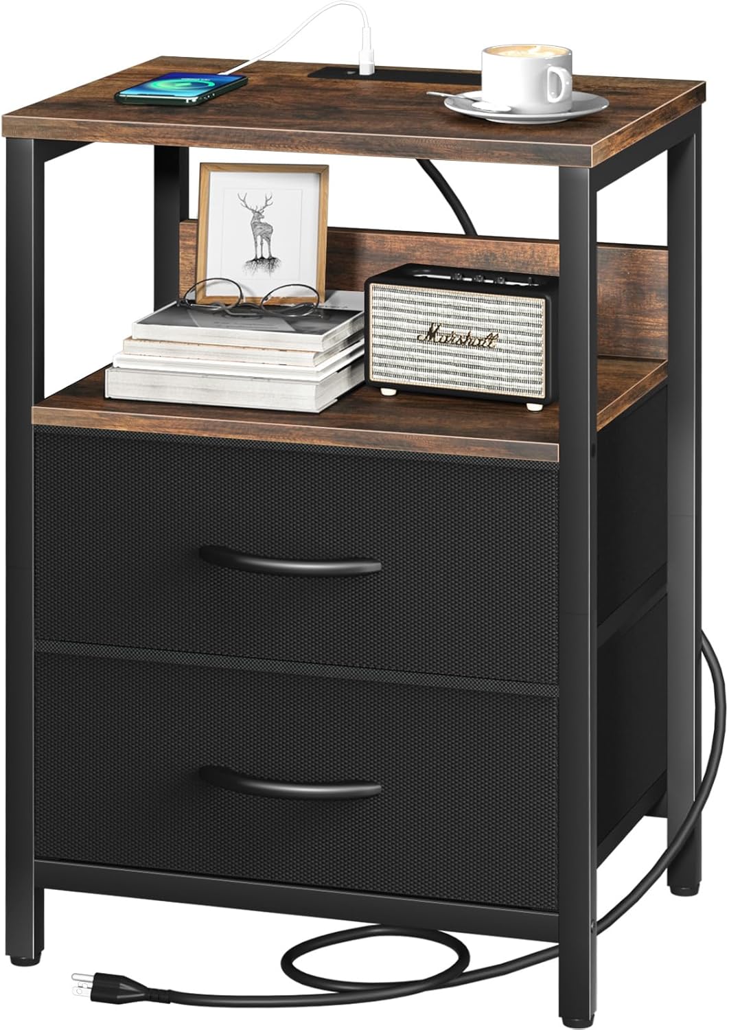 Nightstand with Charging Station, Small Night Stand with Fabric Drawers and Storage Shelf for Bedrooms, Small Spaces, Bedside Table with USB Ports & Outlets