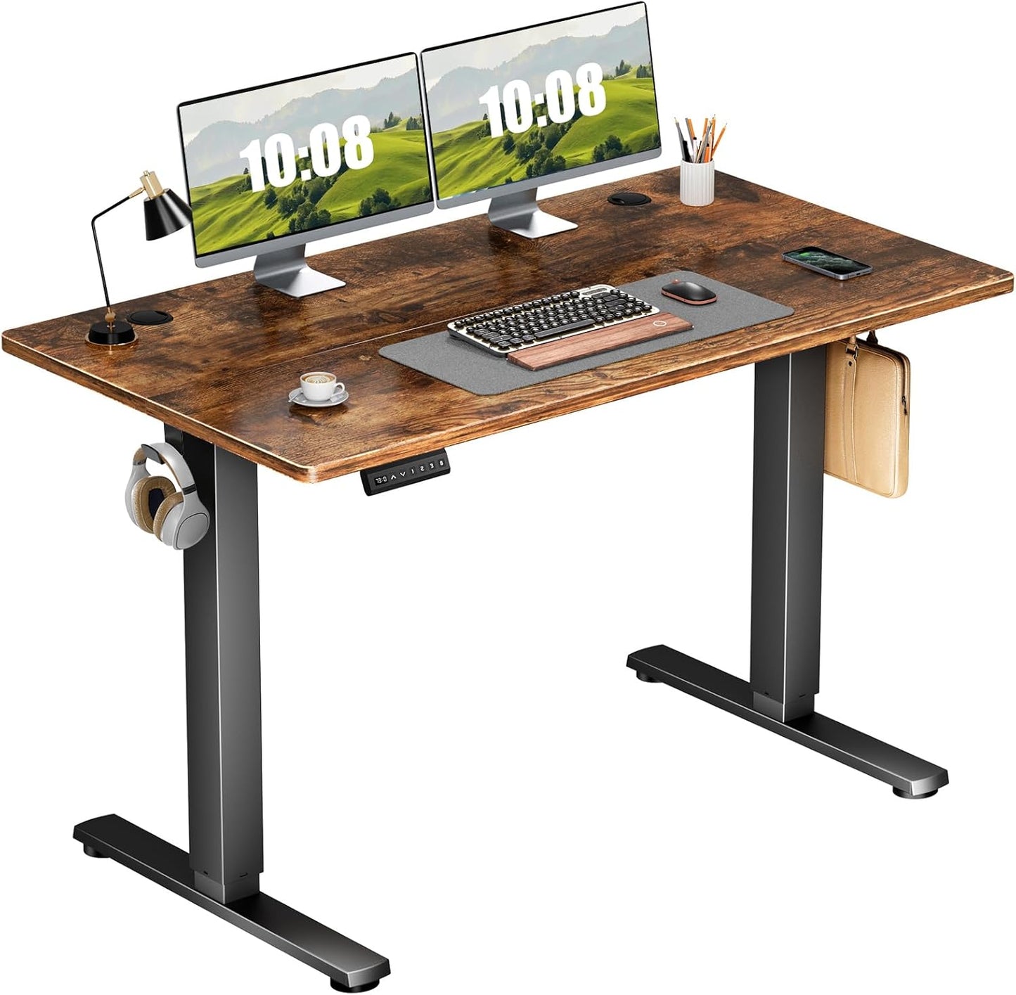 Electric Adjustable Height Standing Desk - 40 x 24 inch Sit to Stand Up Desk with Splice Board, Rising Home Office Computer Table with 2 Hook and Wire Hole for Work