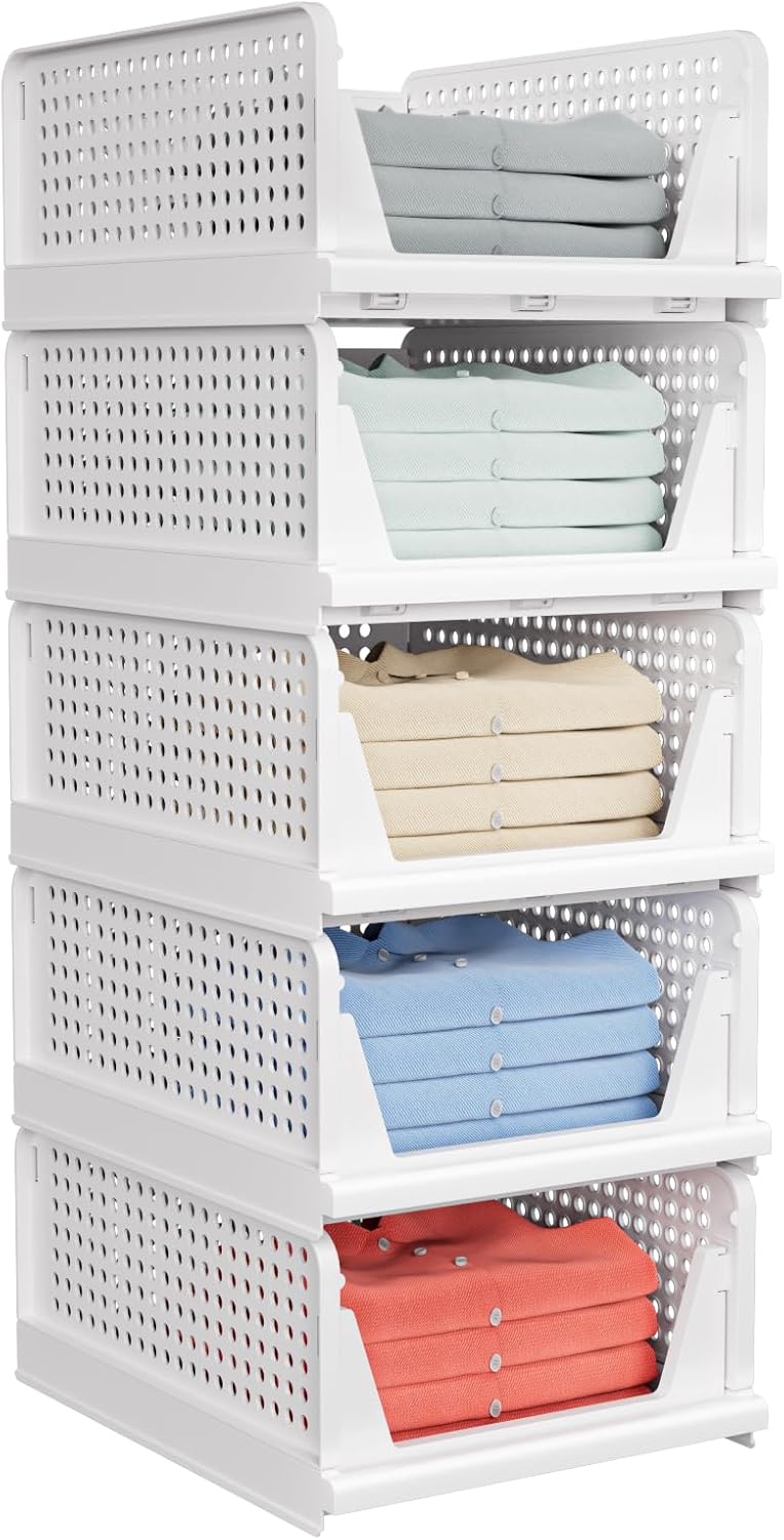 5 Pack Folding Closet Organizers Storage Box, Stackable Plastic Storage Basket, Closet Organizers and Storage Drawer Shelf Storage, Storage Container for Cupboard Kitchen Bathroom, White