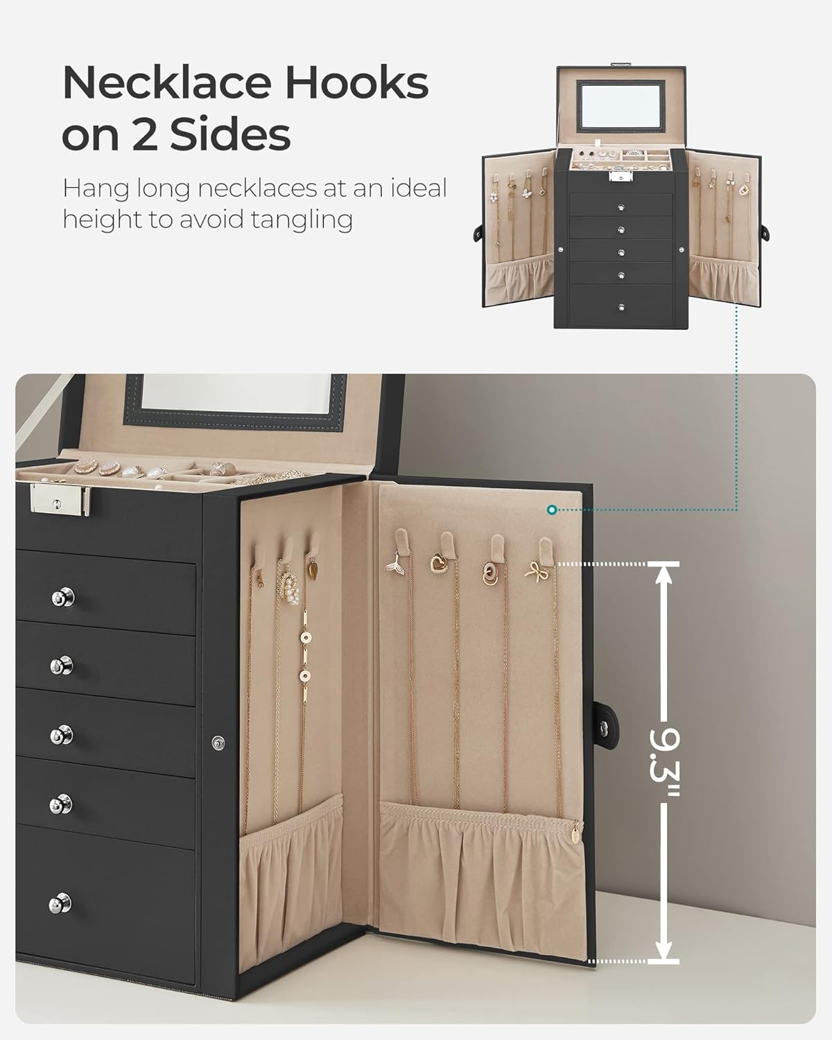 6 Tier Jewelry Box, Jewelry Storage Organizer with 5 Drawers, Large Storage Capacity, with Mirror, Lockable, Jewelry Case, Gift for Loved Ones, For Watches, Black UJBC152B01