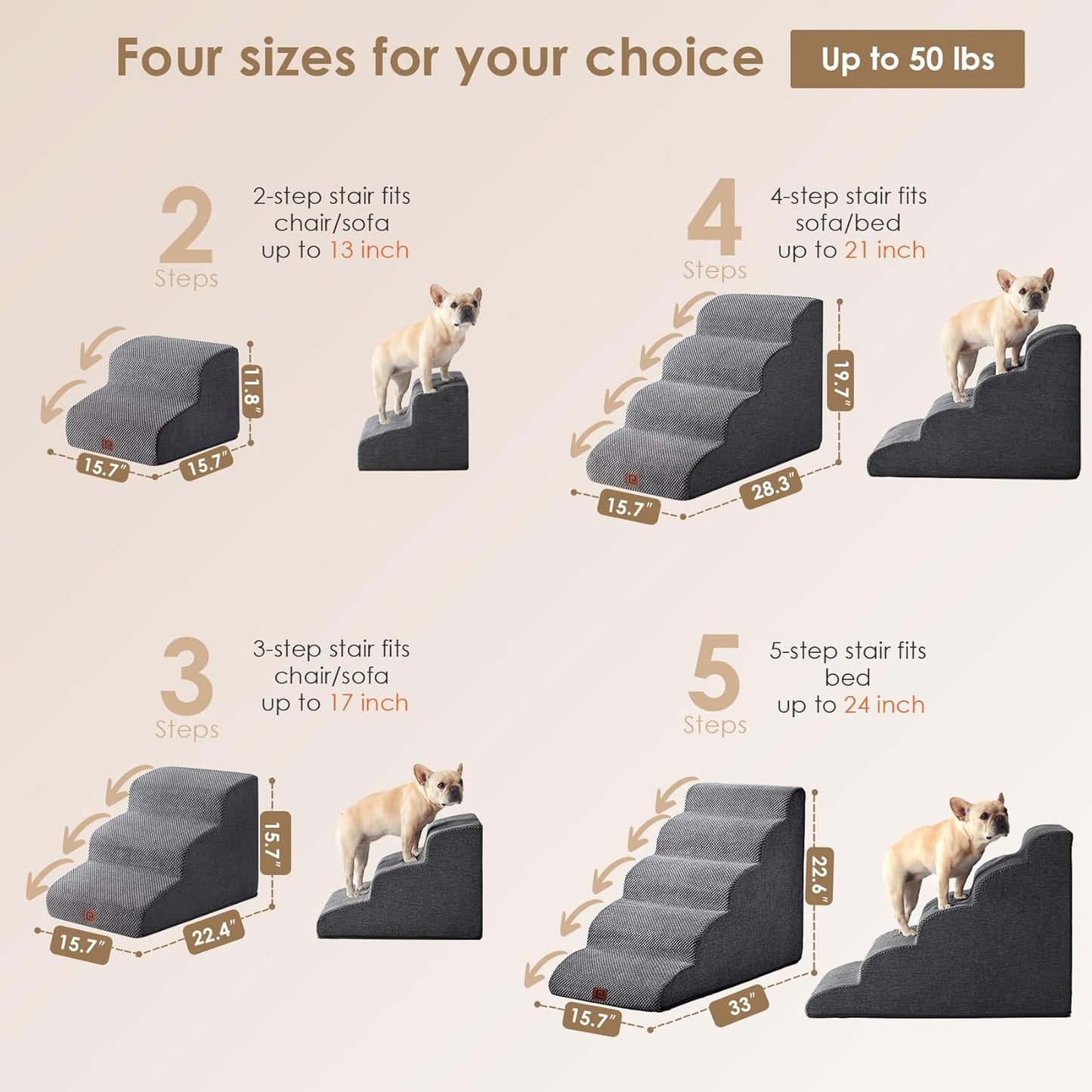 Curved Dog Stairs Ramp for Small Dogs 15.7" H, 3-Step Dog Steps for Couch Sofa and Chair, Pet Stairs for Cats, Non-Slip Balanced Pet Steps Indoor, Grey